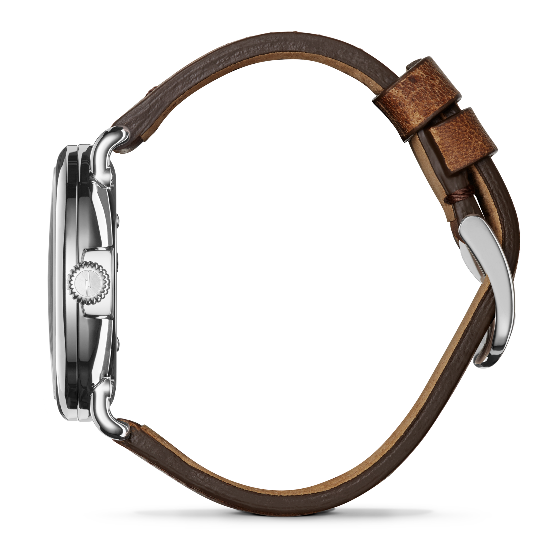Side view of the Shinola Runwell Watch - Ivory, featuring a brown leather strap with a silver buckle and case. The crown appears on the left, and the strap forms a circular shape.