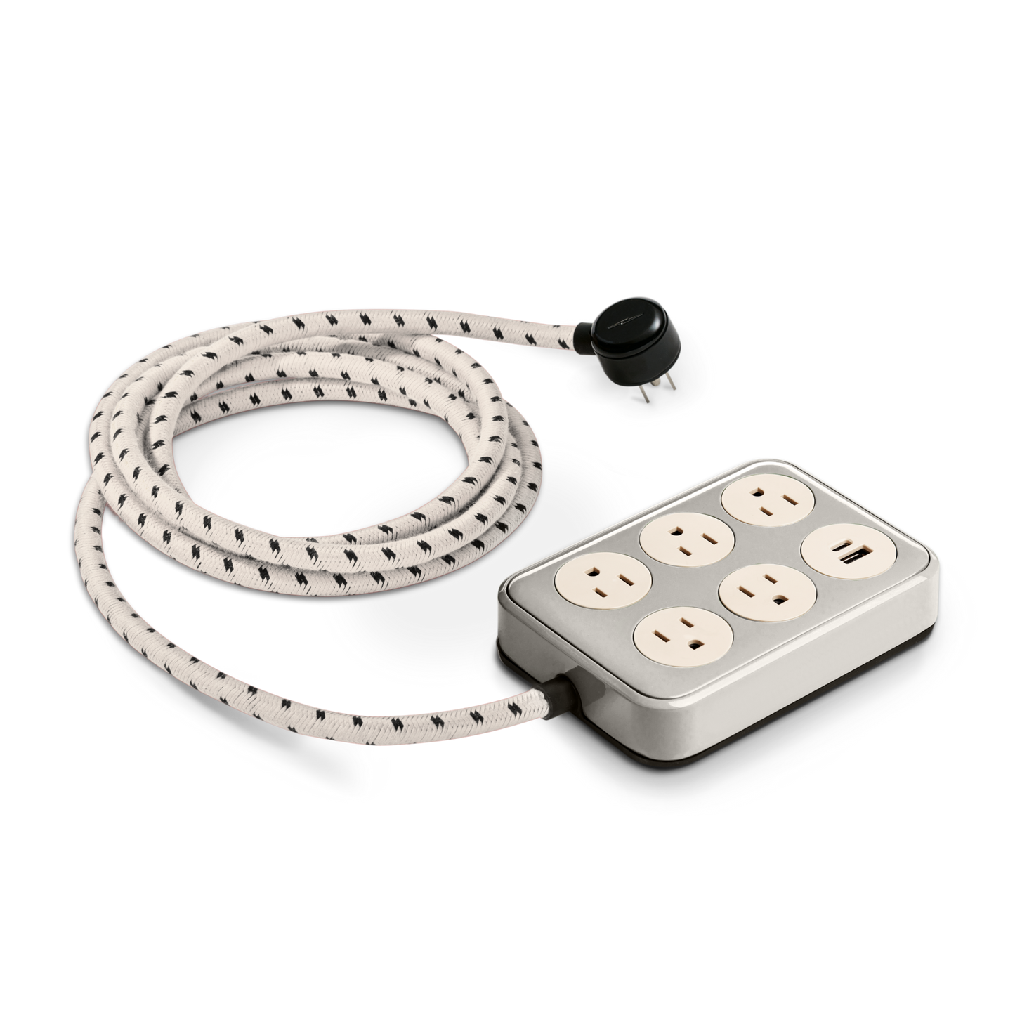The Shinola 5 Port Power Supply - Stone features six outlets and two USB ports on a silver rectangular base, connected to a white braided extension cord with black accents and a black plug.