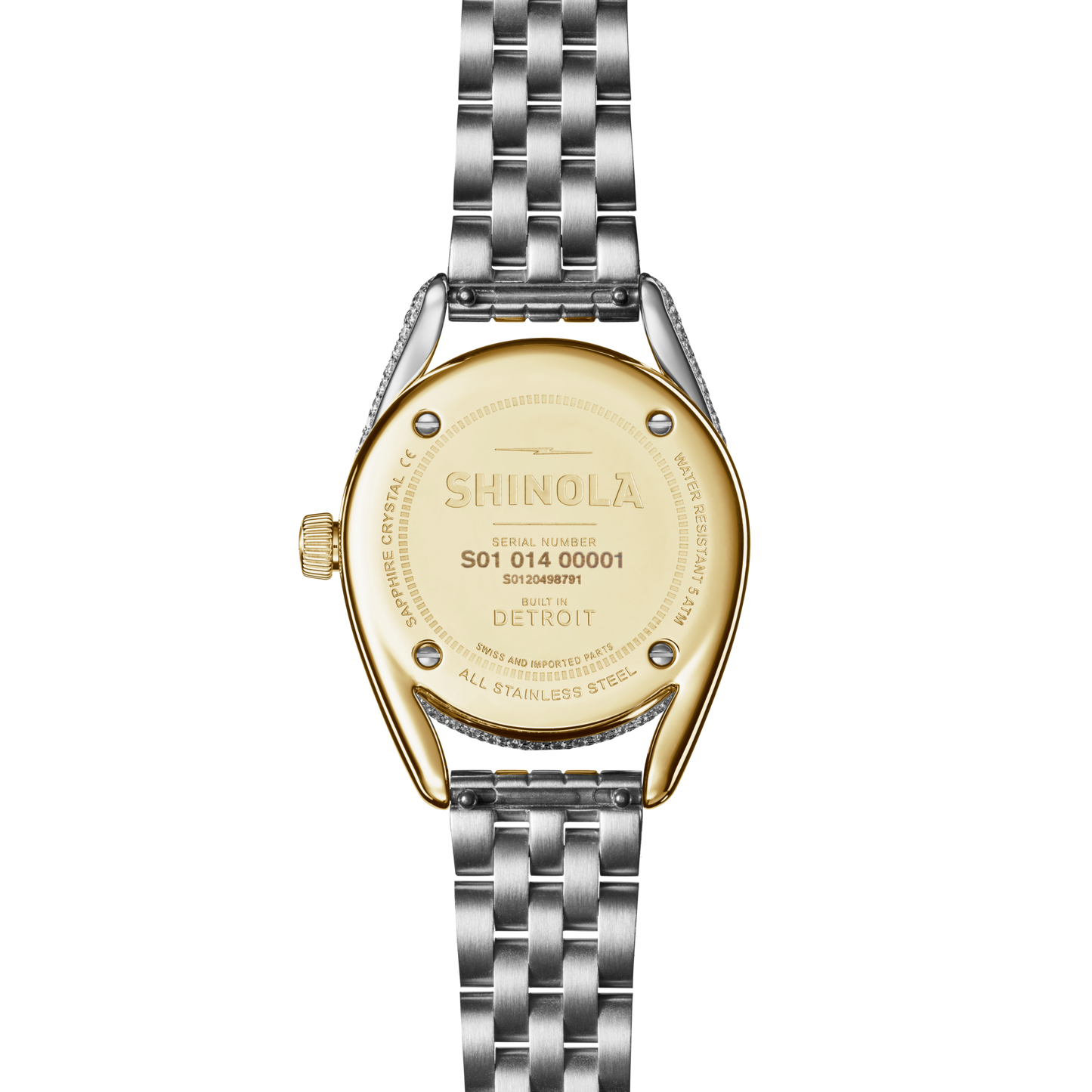 Back view of the Shinola Diamond Derby Watch with a silver and gold stainless steel bracelet. The gold case back shows the Shinola logo, serial number, water resistance details, and "BUILT IN DETROIT.