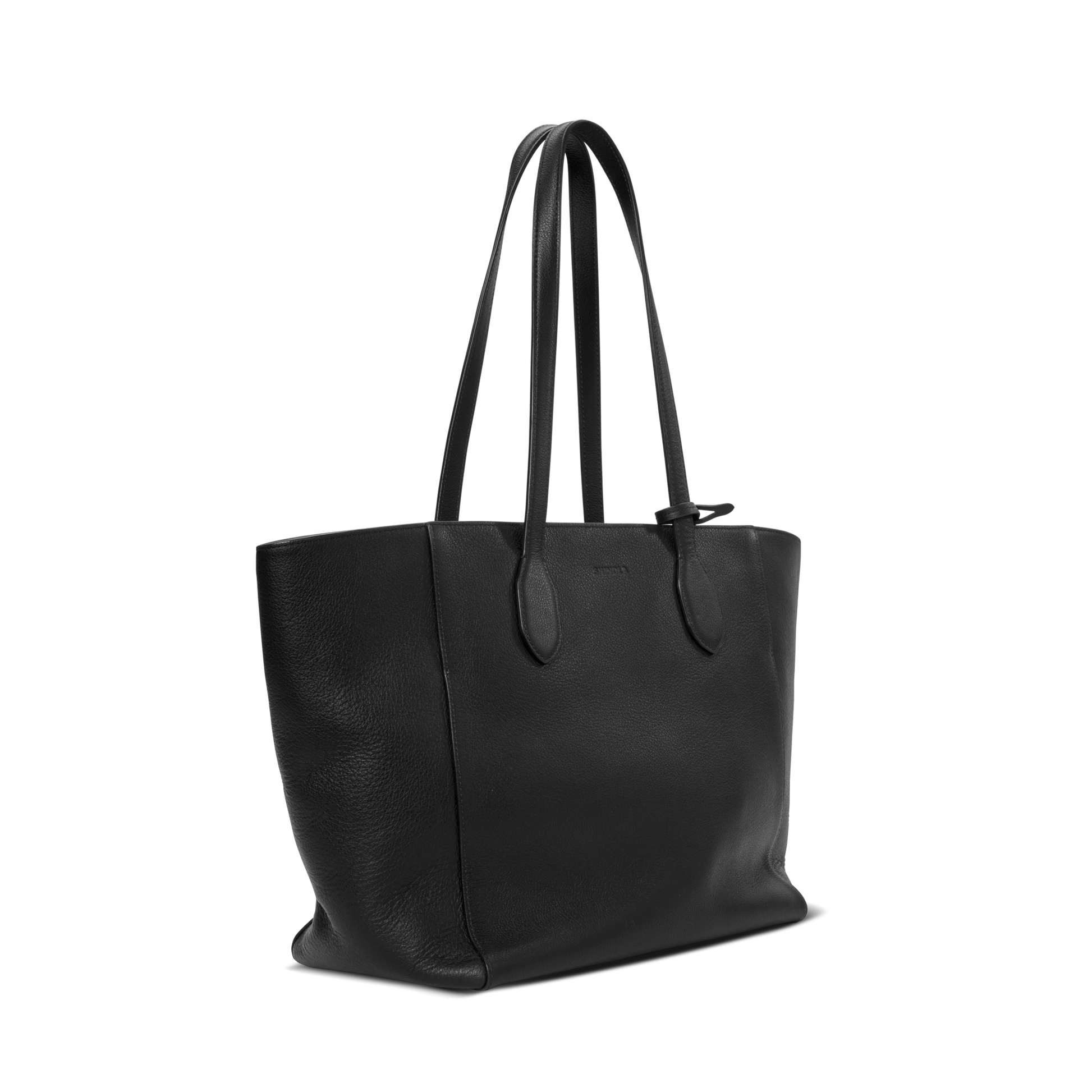 The Shinola Runabout Tote Bag - Black features a sleek, simple design in pebbled leather with double handles and a subtle texture, shown against a white background. It includes a convenient zipper pouch.