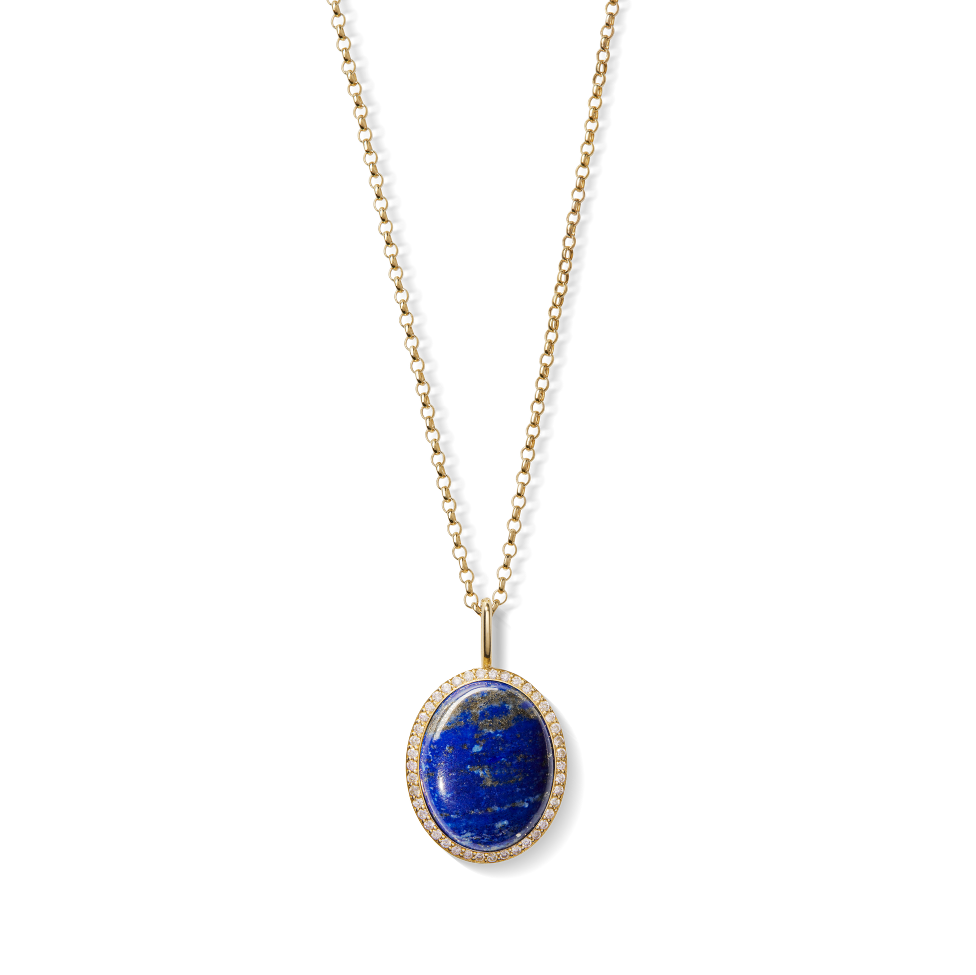 The Shinola Diamond Pave Lapis Pendant Necklace in 14k yellow gold showcases an oval deep blue lapis gemstone framed by sparkling clear stones—a striking accessory set against a white background.