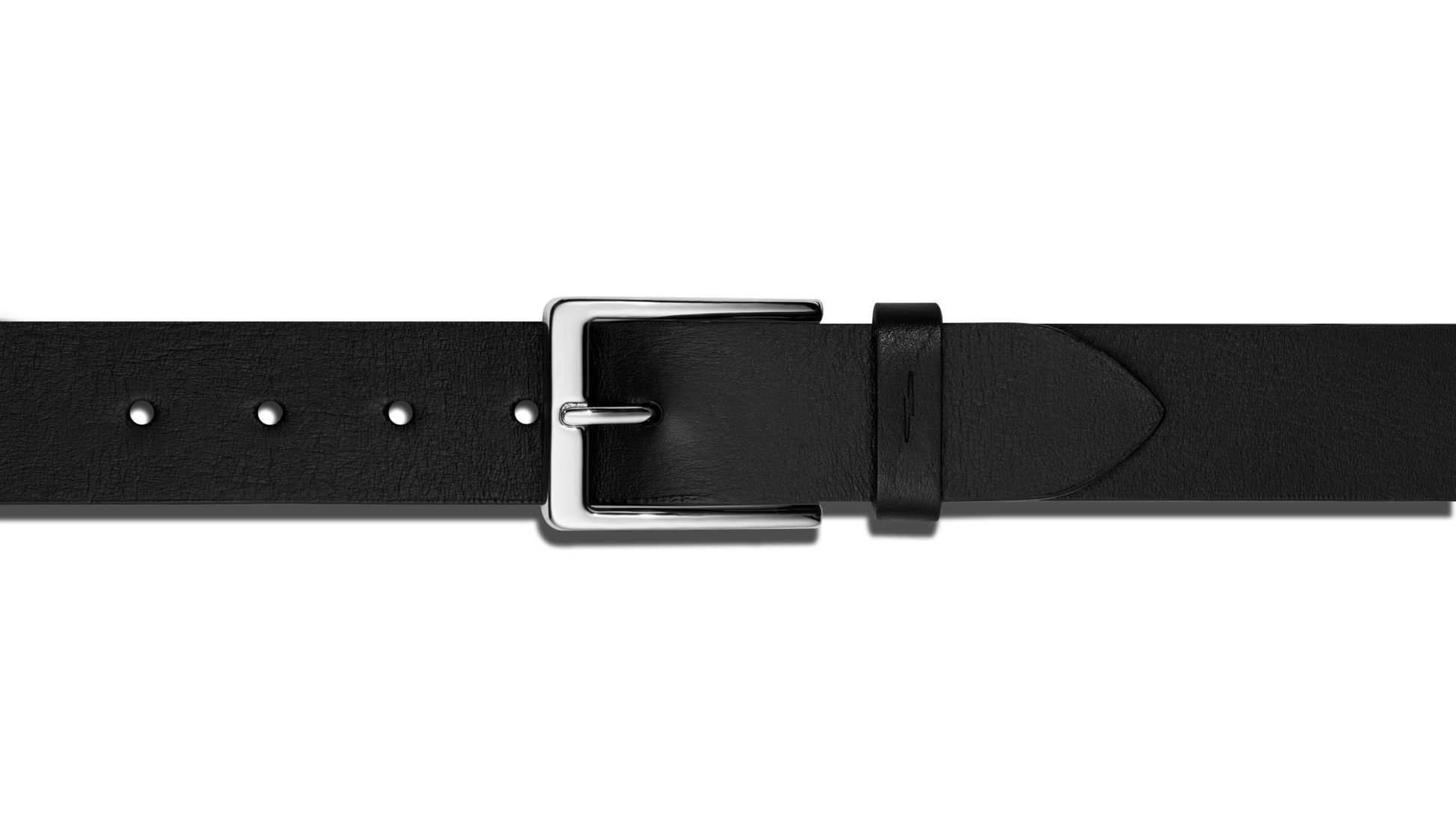A close-up of the Shinola Lightning Bolt Keeper Belt in black leather with silver-tone hardware and a rectangular buckle, displayed horizontally on a plain white background.