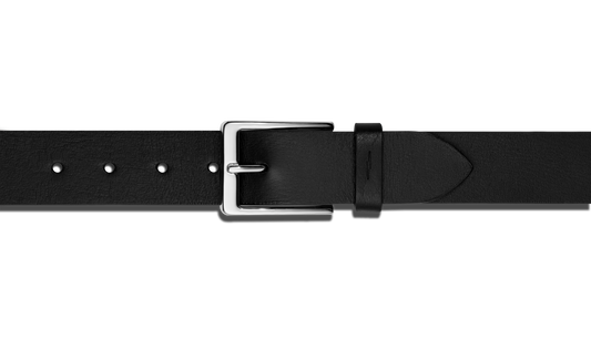 A close-up of the Shinola Lightning Bolt Keeper Belt in black leather with silver-tone hardware and a rectangular buckle, displayed horizontally on a plain white background.