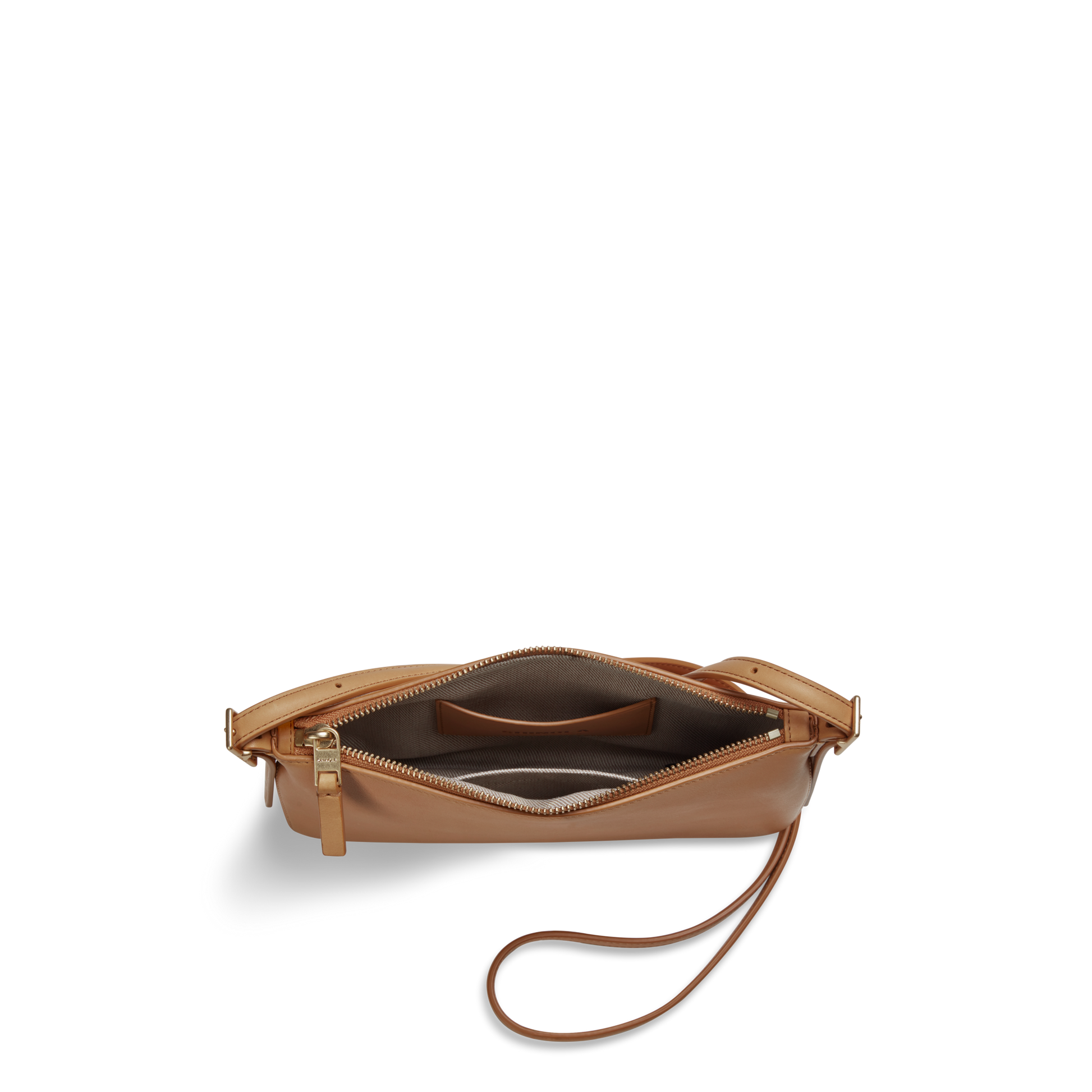 The Shinola Small Bixby Crossbody - Honey is crafted from natural leather with a visible zipper, interior pocket, and beige lining—shown from above on a white background. It’s the perfect everyday accessory.