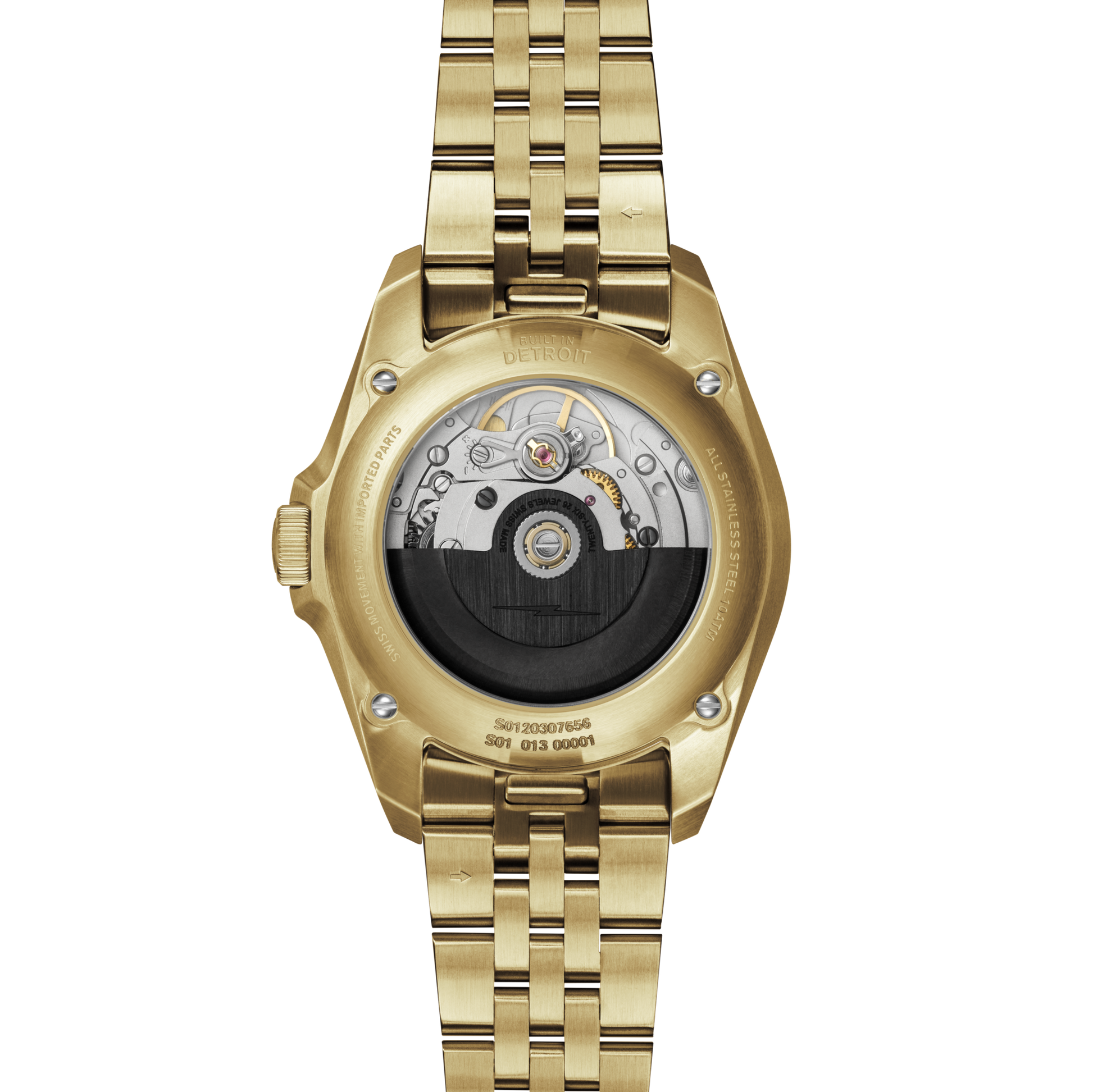 The Shinola Circadian Monster Automatic Watch - Gold is displayed from the back, showcasing its transparent case and black rotor that reveals half of the intricate mechanical movement inside.