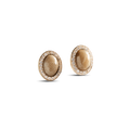 The Diamond Pave Book Petoskey Studs by Shinola feature oval beige Petoskey stones with a diamond pave border in 14k yellow gold, shown against a plain white background.