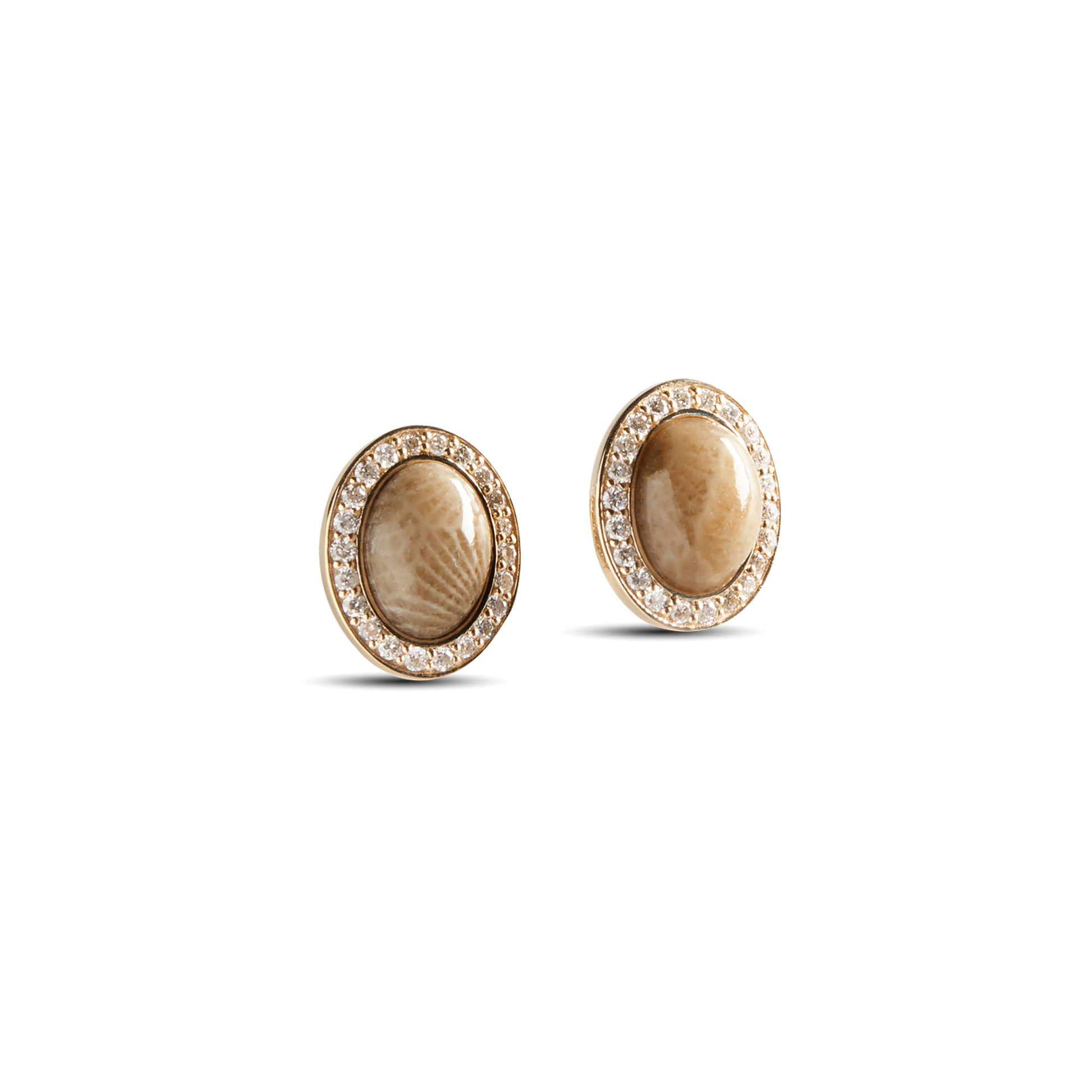 The Diamond Pave Book Petoskey Studs by Shinola feature oval beige Petoskey stones with a diamond pave border in 14k yellow gold, shown against a plain white background.