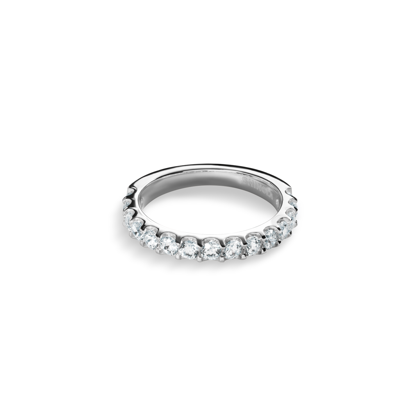 The Shinola 1 Carat Diamond Anniversary Band in white gold showcases natural diamonds set along the top half, displayed on a plain white background.