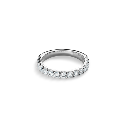 The Shinola 1 Carat Diamond Anniversary Band in white gold showcases natural diamonds set along the top half, displayed on a plain white background.