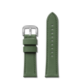 The Shinola 24mm Green Leather Watch Strap features a silver buckle and flawless stitching, designed in two pieces to fit the Guardian 41.5mm for a secure, stylish look.