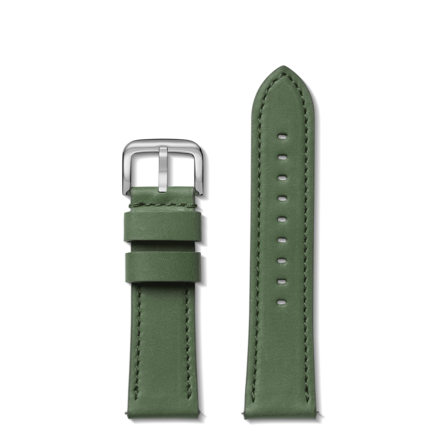 The Shinola 24mm Green Leather Watch Strap features a silver buckle and flawless stitching, designed in two pieces to fit the Guardian 41.5mm for a secure, stylish look.