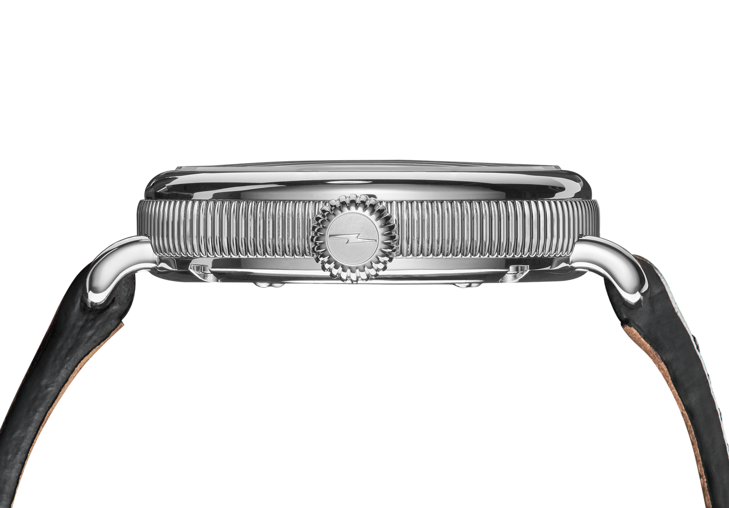 Side view of the Shinola Birdy Watch - Chrysocolla, featuring a textured silver bezel, crown with lightning bolt symbol, and black leather strap with light brown lining from the stone dial collection.