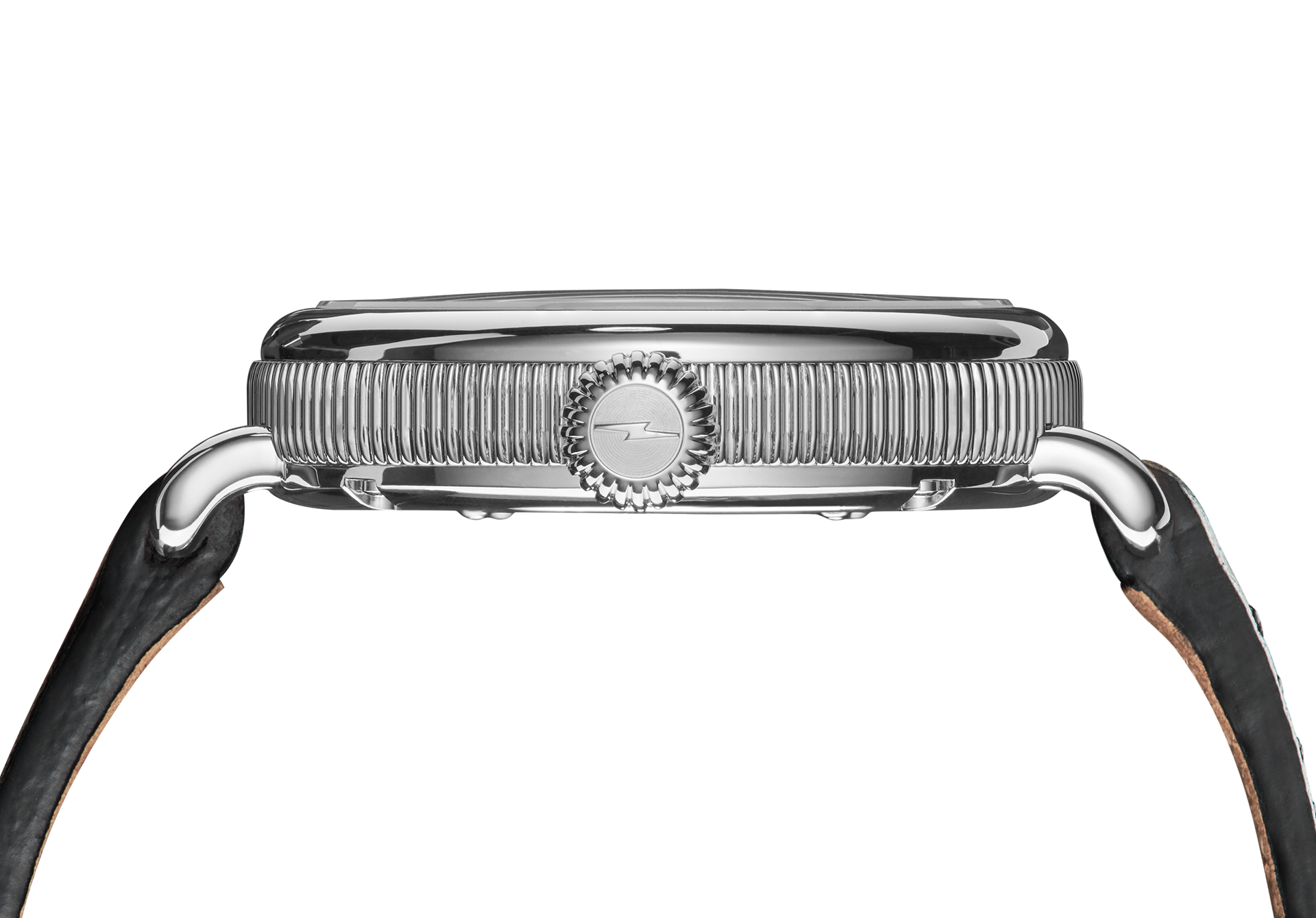 Side view of the Shinola Birdy Watch - Chrysocolla, featuring a textured silver bezel, crown with lightning bolt symbol, and black leather strap with light brown lining from the stone dial collection.
