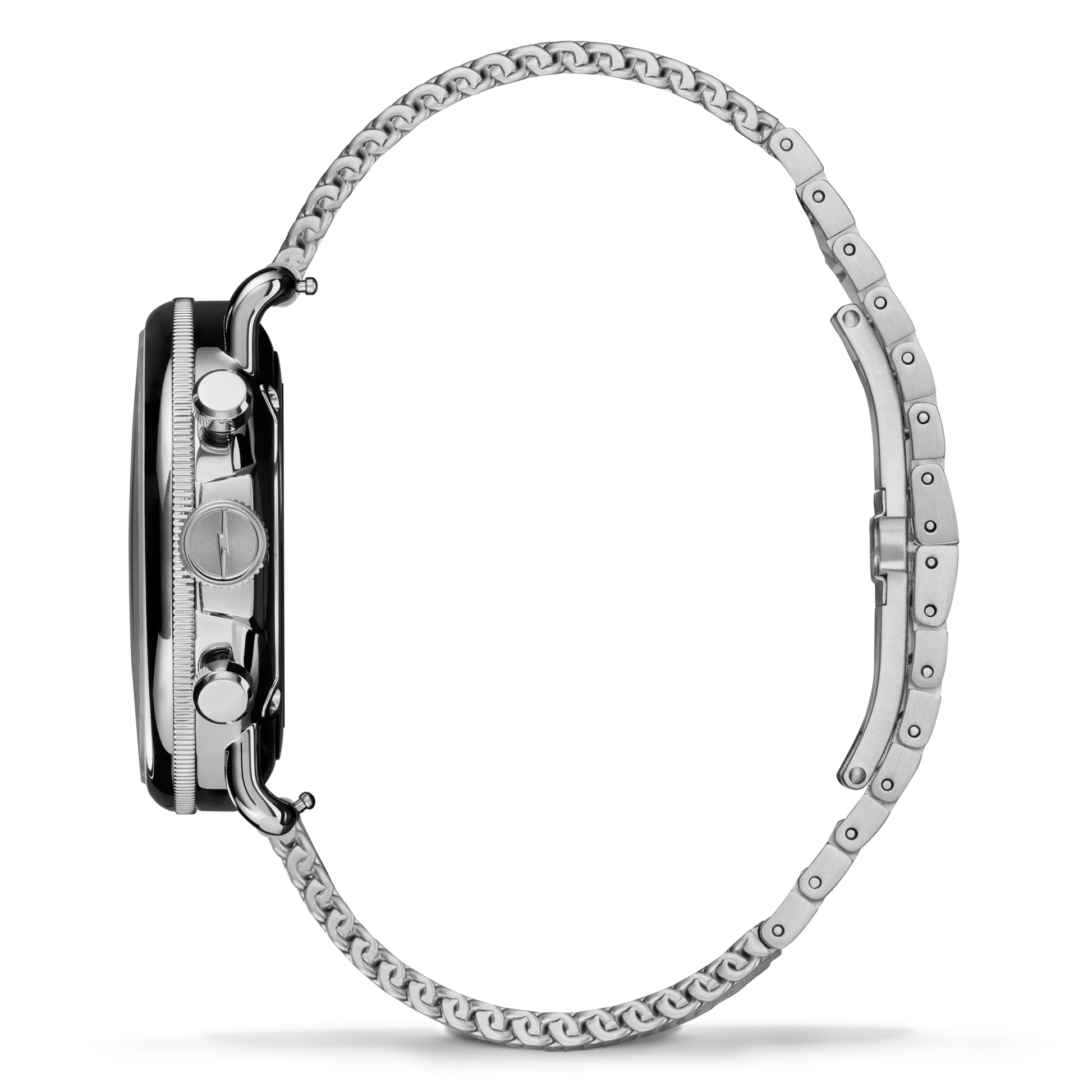 Side view of the Shinola Canfield C56 Chronograph Watch - Whiskey, featuring a stainless steel mesh bracelet and three side buttons. The partially open band curves elegantly against a white background.