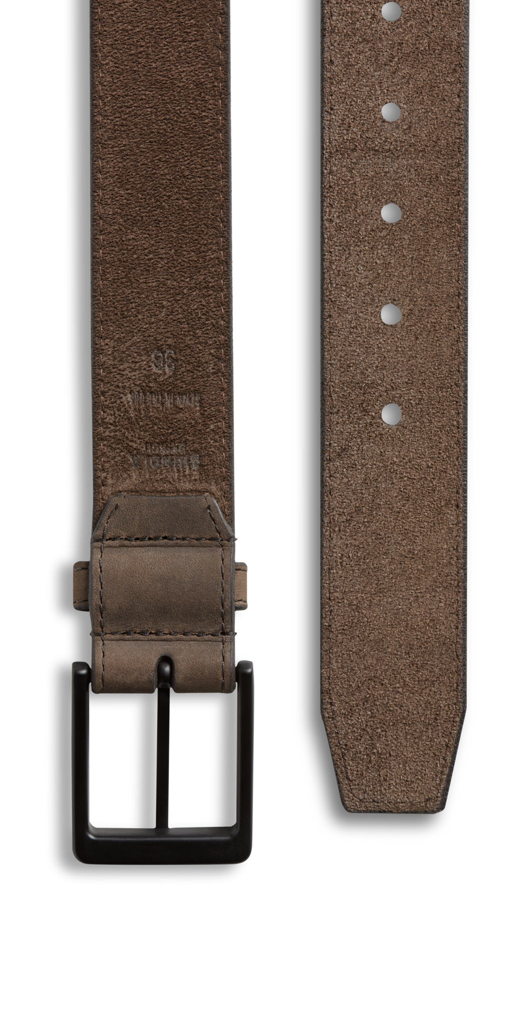 Close-up of the Shinola 1 1/2" Utility Belt in dark brown premium leather, featuring a matte black rectangular buckle with visible belt holes and stitched edges.