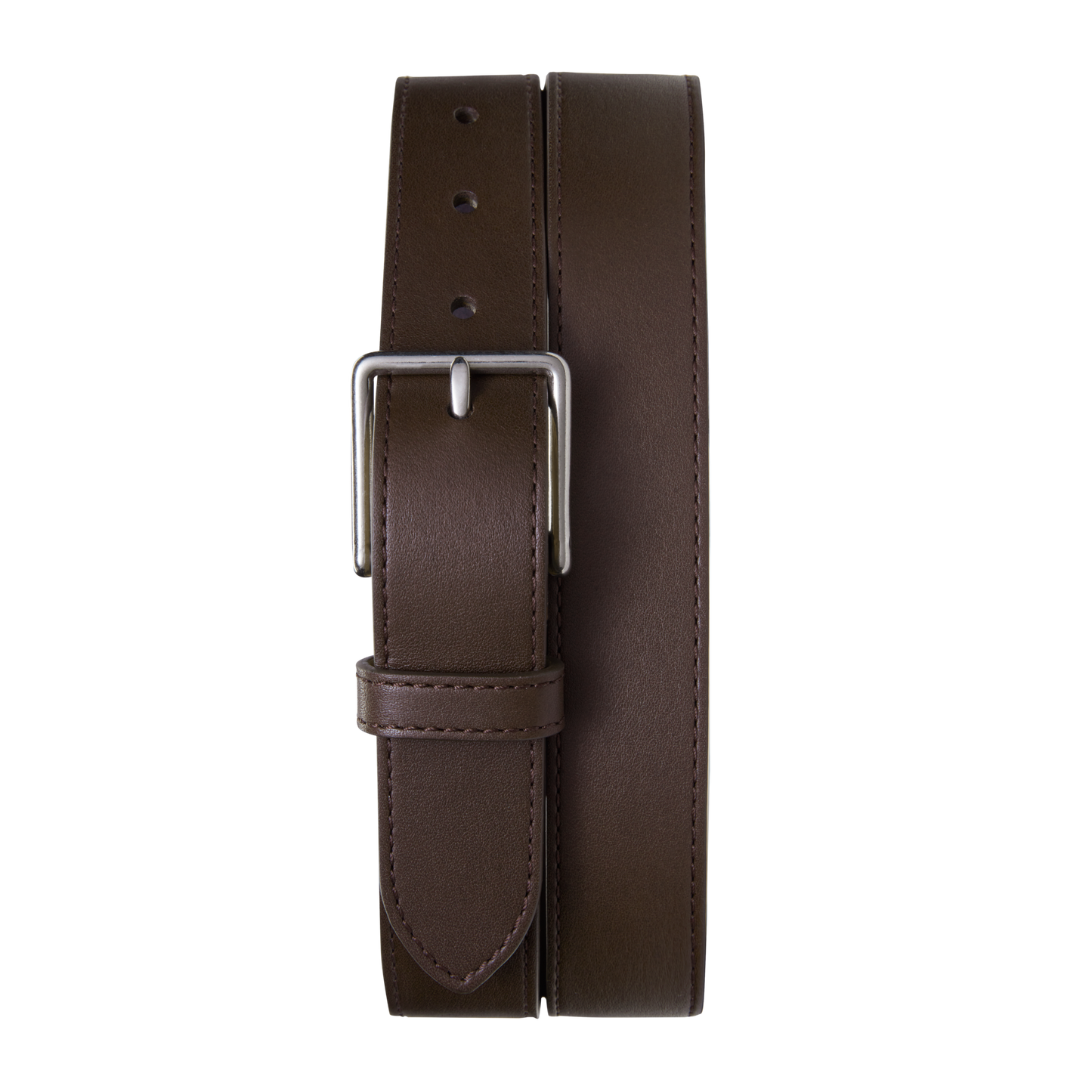 The Shinola 1 1/4" Dress Belt in brown features premium natural leather and a silver rectangular buckle, shown coiled with the strap and buckle facing up on a white background.