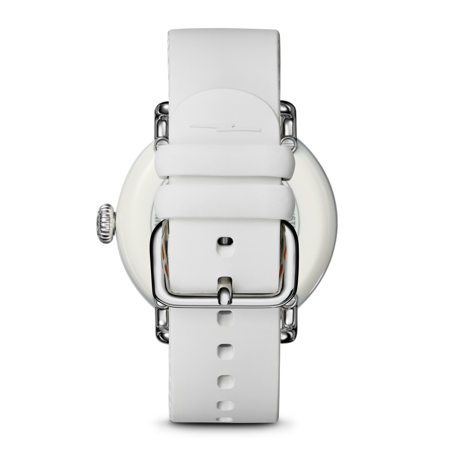Back view of the Shinola Detrola Watch - Nude, showcasing classic American style with a smooth silicone strap, silver buckle, round case, and left-side crown.