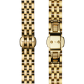 Two Shinola QR Bracelet: 12/10, Book 5 Link, ButterflyB, PoPG - Polished PVD Gold watch bands are side by side—the left shows the polished interlocking links; the right displays the underside’s butterfly clasp mechanism.