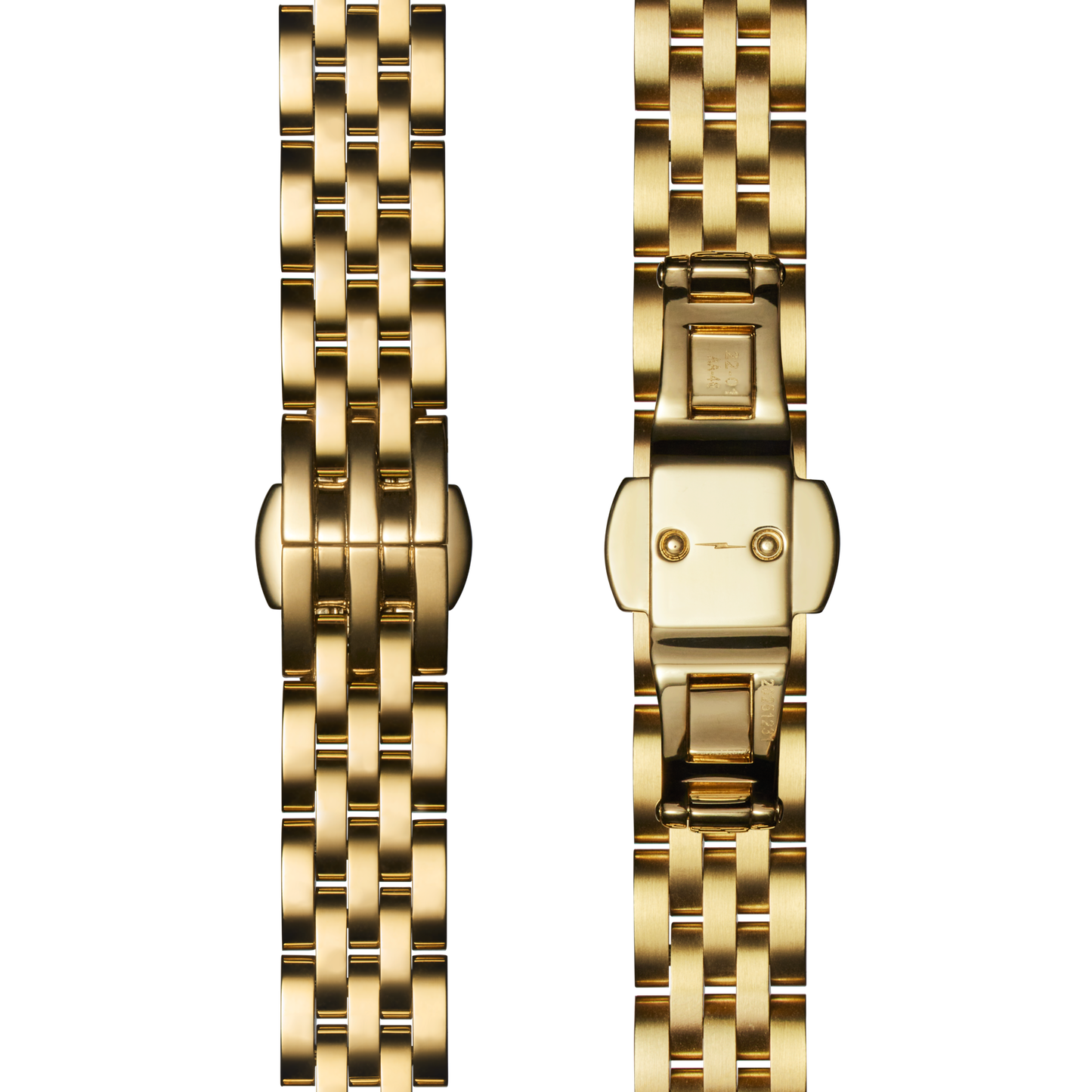 Two Shinola QR Bracelet: 12/10, Book 5 Link, ButterflyB, PoPG - Polished PVD Gold watch bands are side by side—the left shows the polished interlocking links; the right displays the underside’s butterfly clasp mechanism.