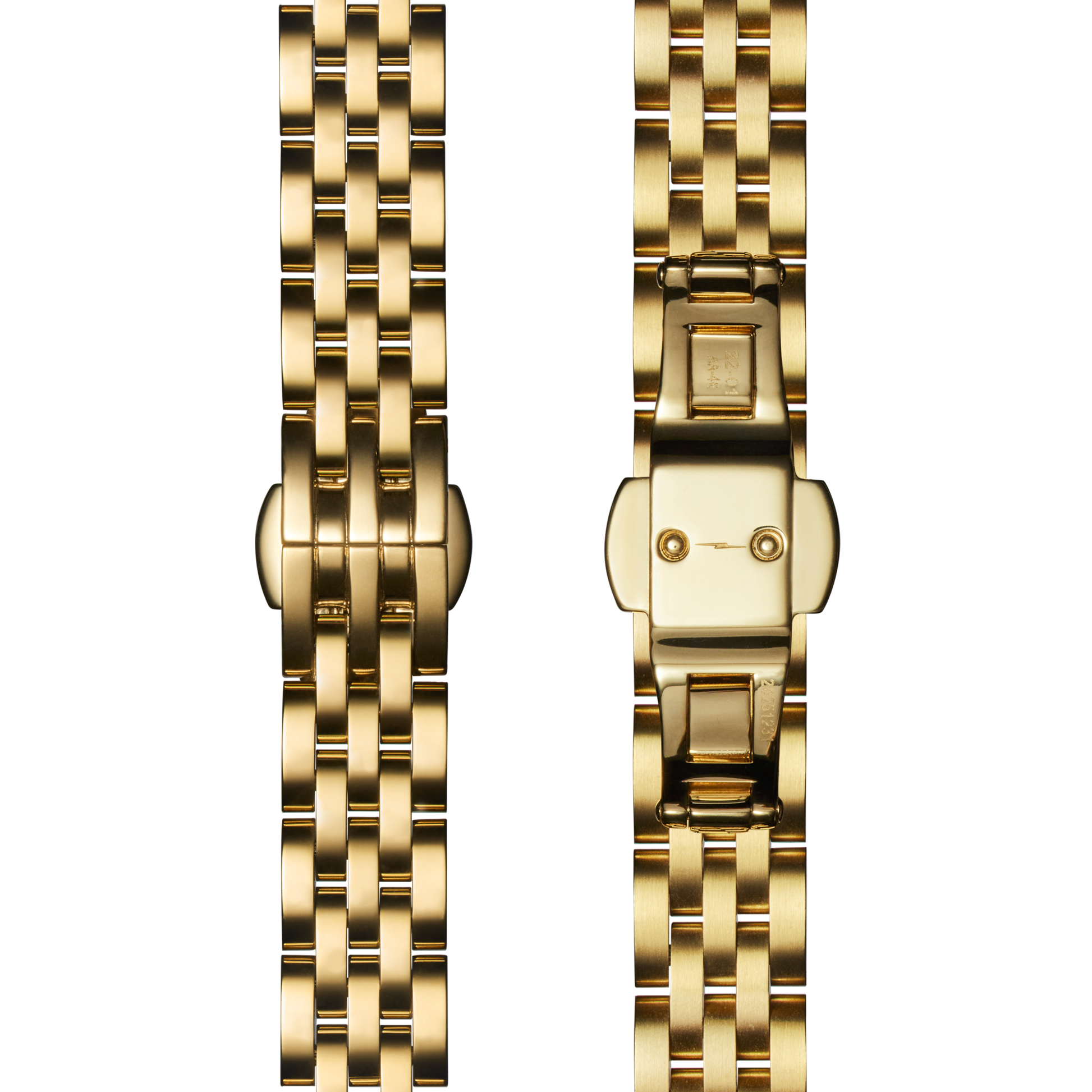 Two Shinola QR Bracelet: 12/10, Book 5 Link, ButterflyB, PoPG - Polished PVD Gold watch bands are side by side—the left shows the polished interlocking links; the right displays the underside’s butterfly clasp mechanism.