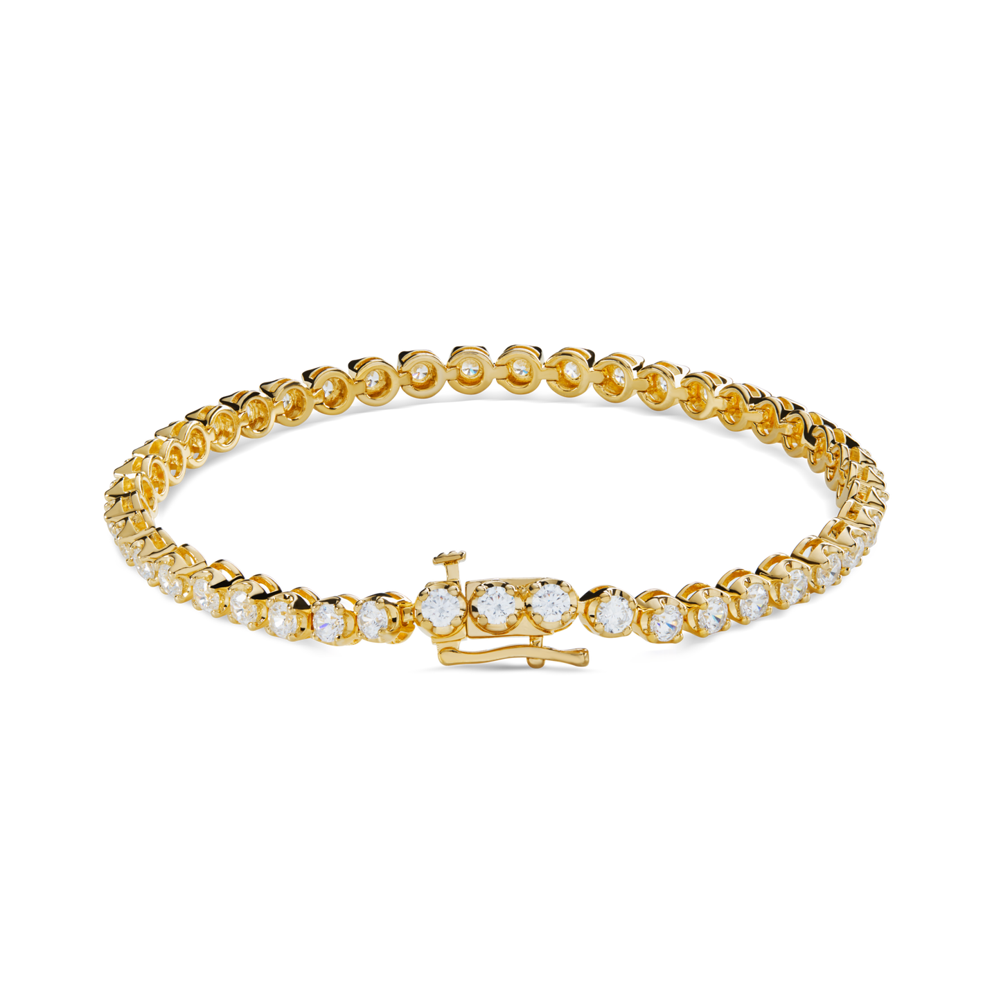 The Shinola 4 Carat 7" Diamond Tennis Bracelet in yellow gold highlights round Brilliant Cut Diamonds in prong settings, secured with a front clasp.
