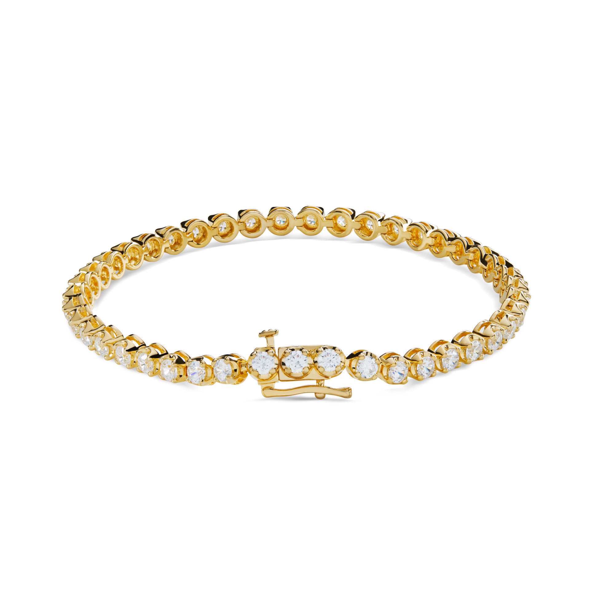 The Shinola 4 Carat 7" Diamond Tennis Bracelet in yellow gold highlights round Brilliant Cut Diamonds in prong settings, secured with a front clasp.