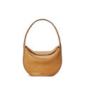 The Shinola Small Shoulder Bag - Honey features premium tan leather, a curved crescent shape, and a single wide strap. "SHINOLA" is subtly embossed on the lower front. Shown against a plain white background.