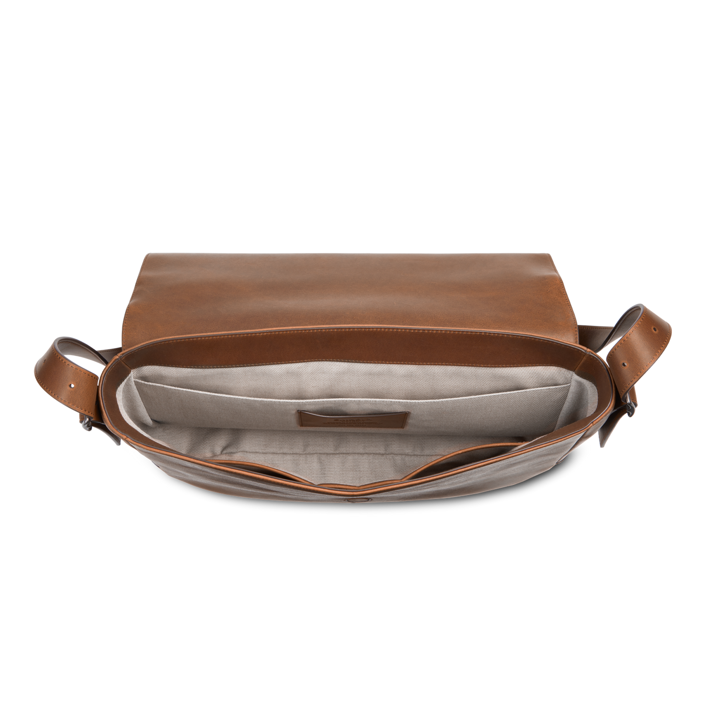 The Shinola Runwell Messenger Bag in Medium Brown features a flap-open design, spacious light-colored fabric-lined interior with an inner pocket, and adjustable leather side straps.