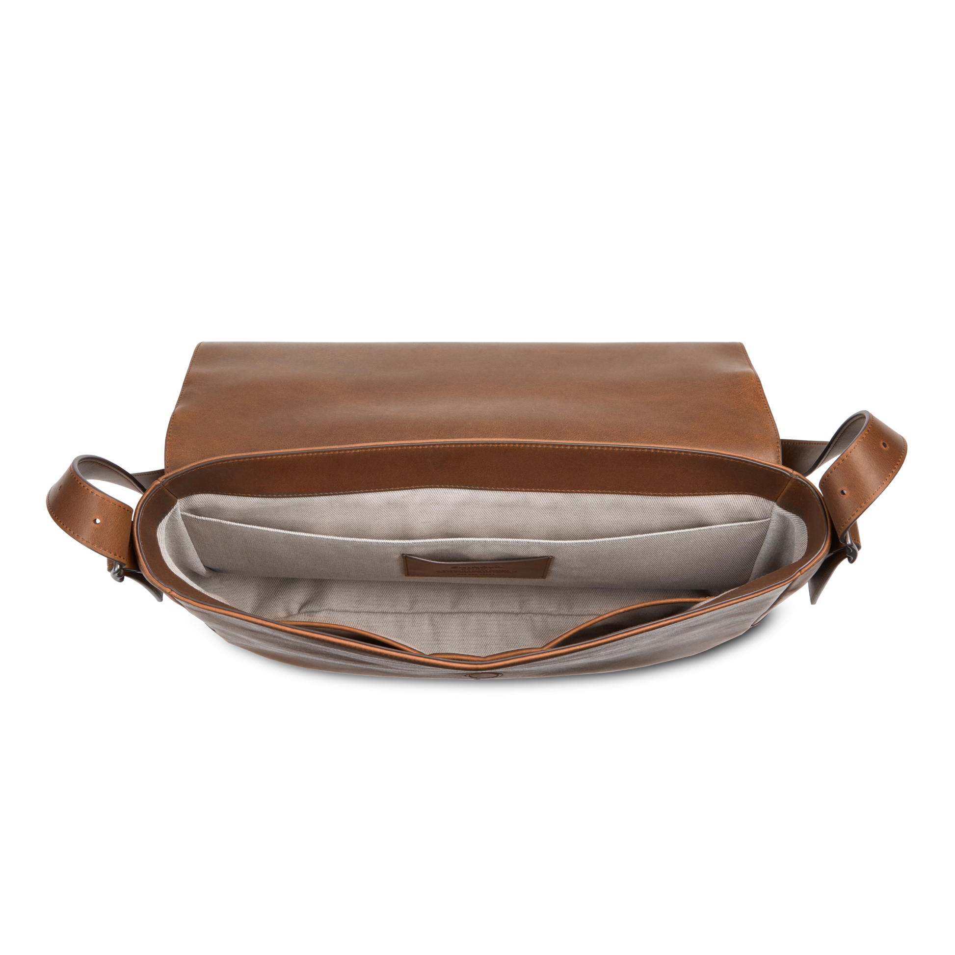 The Shinola Runwell Messenger Bag in Medium Brown features a flap-open design, spacious light-colored fabric-lined interior with an inner pocket, and adjustable leather side straps.