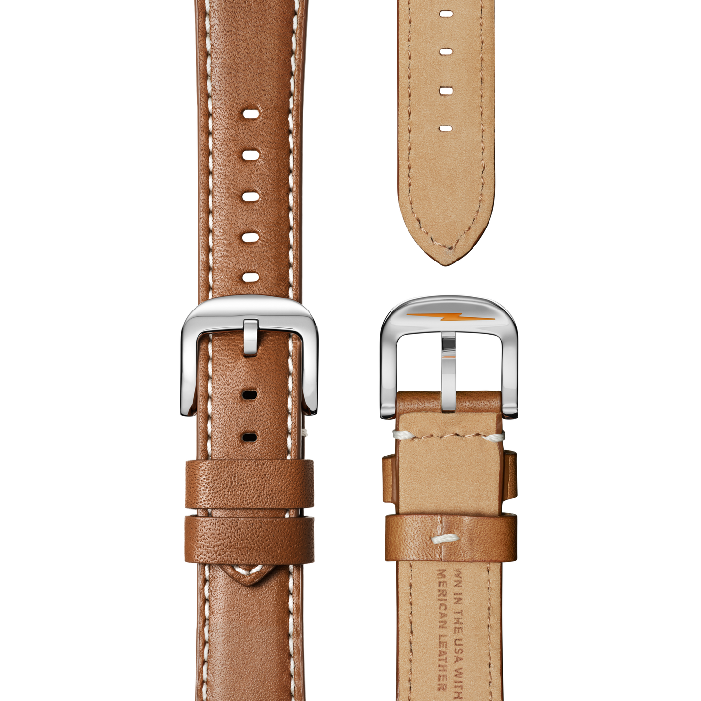 The Shinola Runwell Watch features a white tan leather strap with visible edge stitching, silver buckle, smooth finish, and multiple adjustment holes. Shown from both sides.