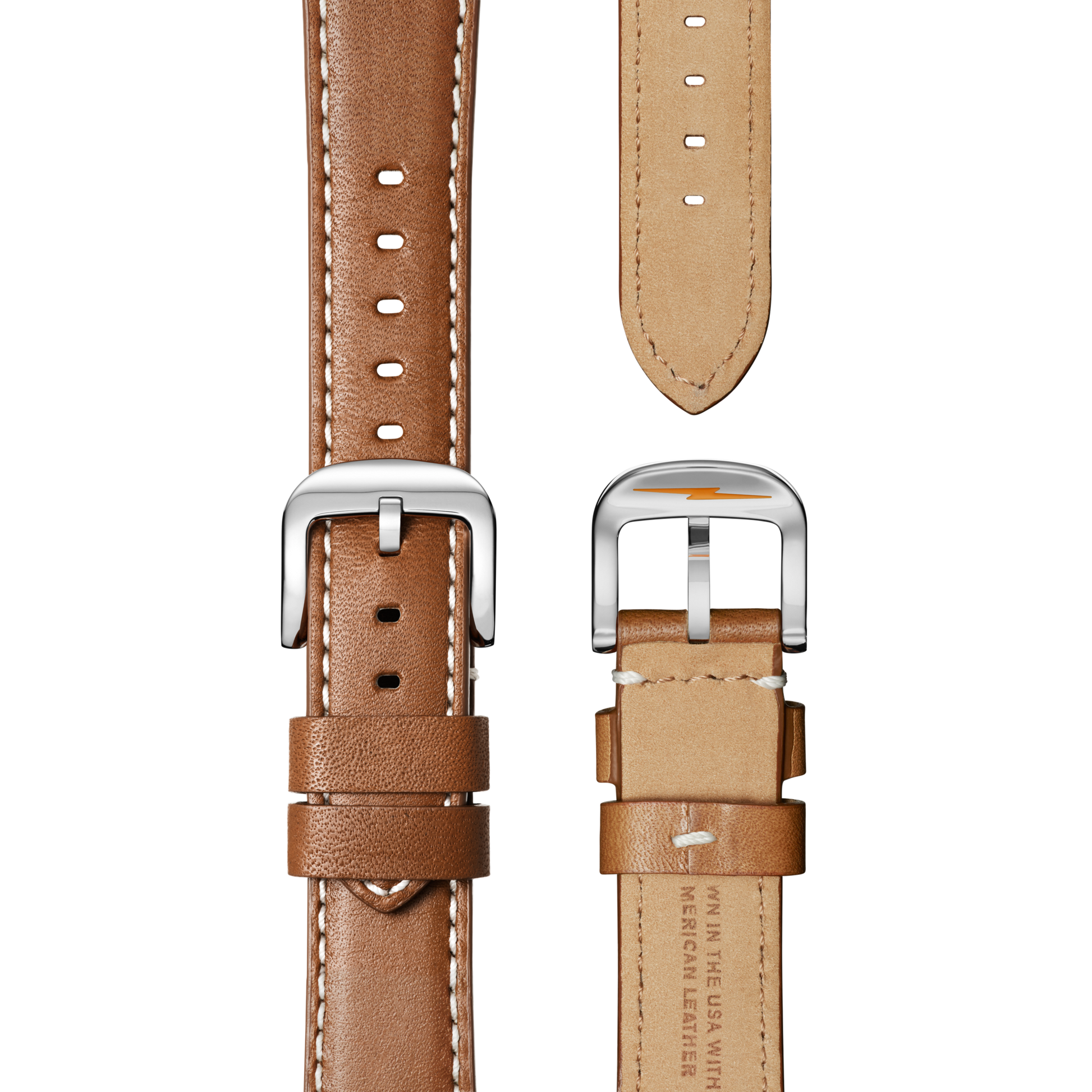 The Shinola Runwell Watch features a white tan leather strap with visible edge stitching, silver buckle, smooth finish, and multiple adjustment holes. Shown from both sides.