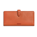 The Continental Snap Wallet - Rust by Shinola is a rectangular orange slim wallet crafted from natural leather with a snap tab closure, featuring the SHINOLA logo embossed on the front. Shown closed against a white background.