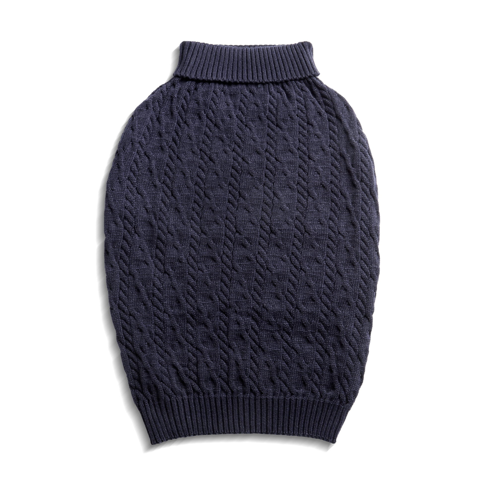 The Shinola Cable Knit Dog Sweater - Navy features a cozy pullover design with ribbed edges, shown laid flat on a white background.
