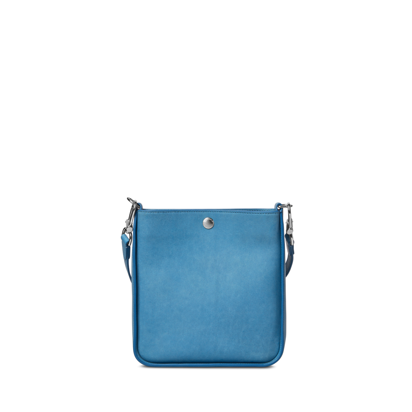 The Shinola Mini Pocket Crossbody Bag - River features a square blue leather design with a silver top-center button closure and an adjustable strap, shown on a plain white background—a versatile choice for any occasion.