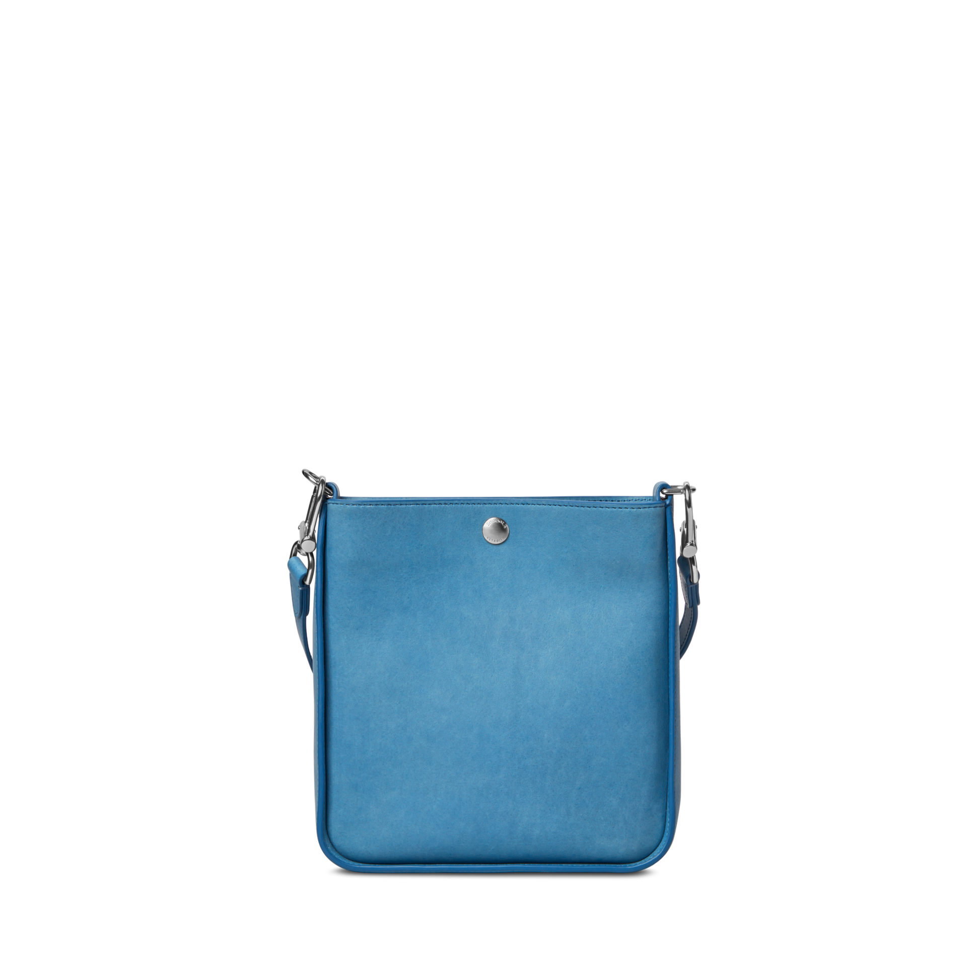 The Shinola Mini Pocket Crossbody Bag - River features a square blue leather design with a silver top-center button closure and an adjustable strap, shown on a plain white background—a versatile choice for any occasion.