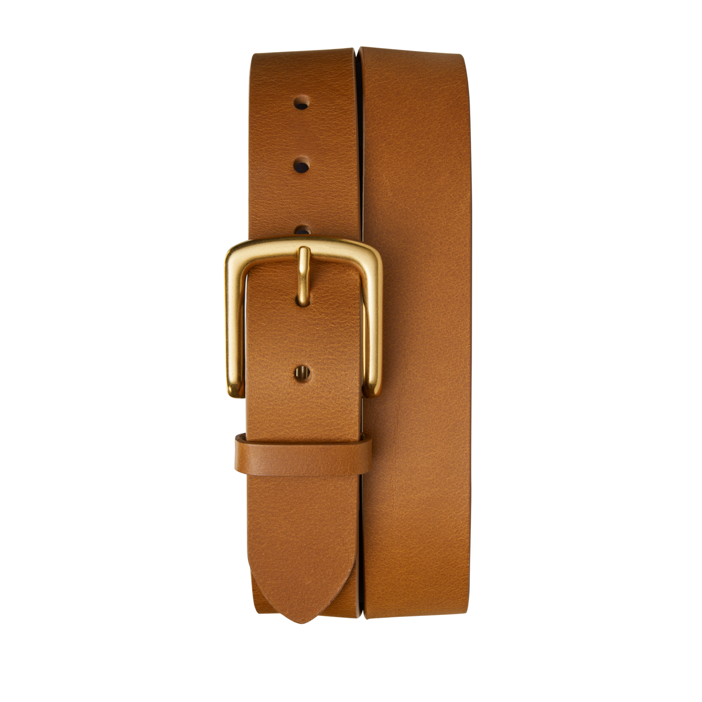 The Shinola 1 1/2" Essential Belt in natural tan leather features a gold-tone metal buckle and is elegantly rolled on a white background.