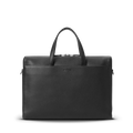 The Shinola Canfield Briefcase in black pebbled leather features dual handles, a front pocket, and a center embossed logo—ideal for modern commuters. Shown against a plain white background.