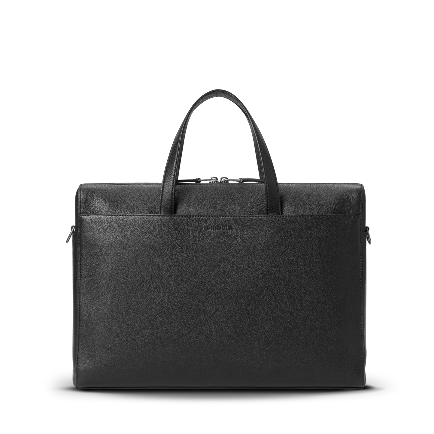 The Shinola Canfield Briefcase in black pebbled leather features dual handles, a front pocket, and a center embossed logo—ideal for modern commuters. Shown against a plain white background.