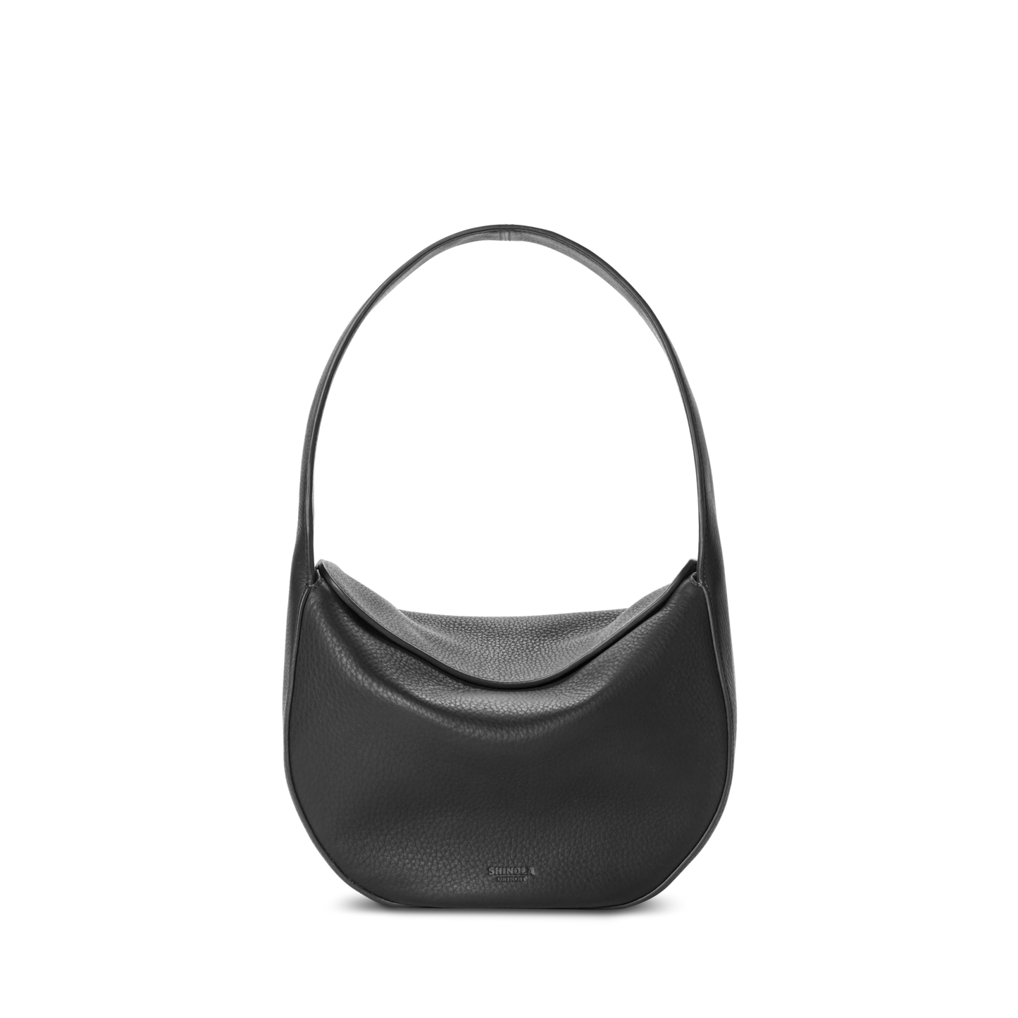The Shinola Small Shoulder Bag - Black is a classic hobo style crafted from natural grain leather with a wide strap, rounded base, and subtle stitching, displayed upright against a plain white background.