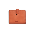 A compact wallet in rust natural leather with a snap tab closure and "Shinola" embossed on the front, displayed against a plain white background.