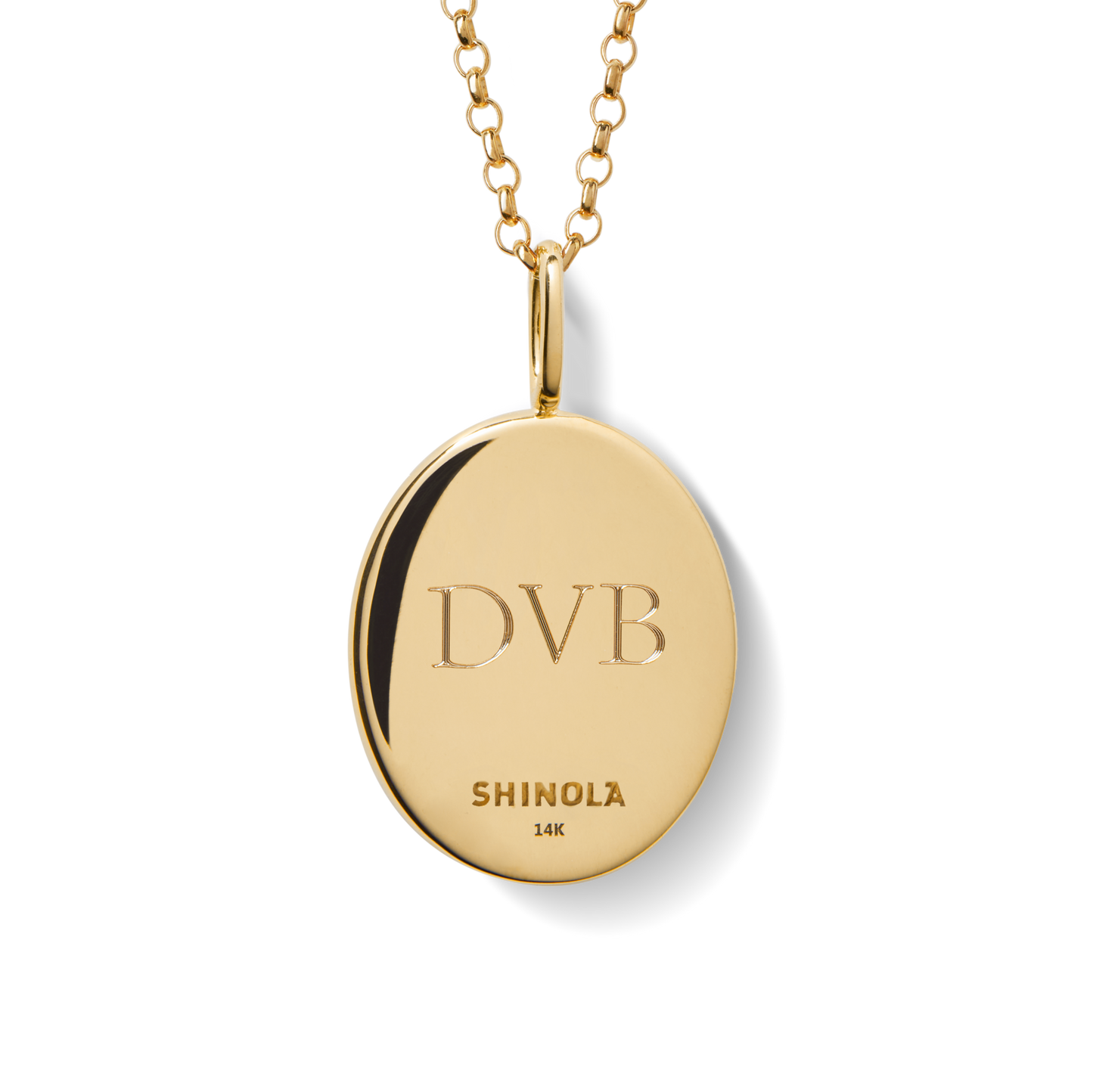 The Shinola Diamond Pave Petoskey Necklace in yellow gold features a sparkling diamond pendant on a delicate chain, exuding elegance and sophistication against a white background.
