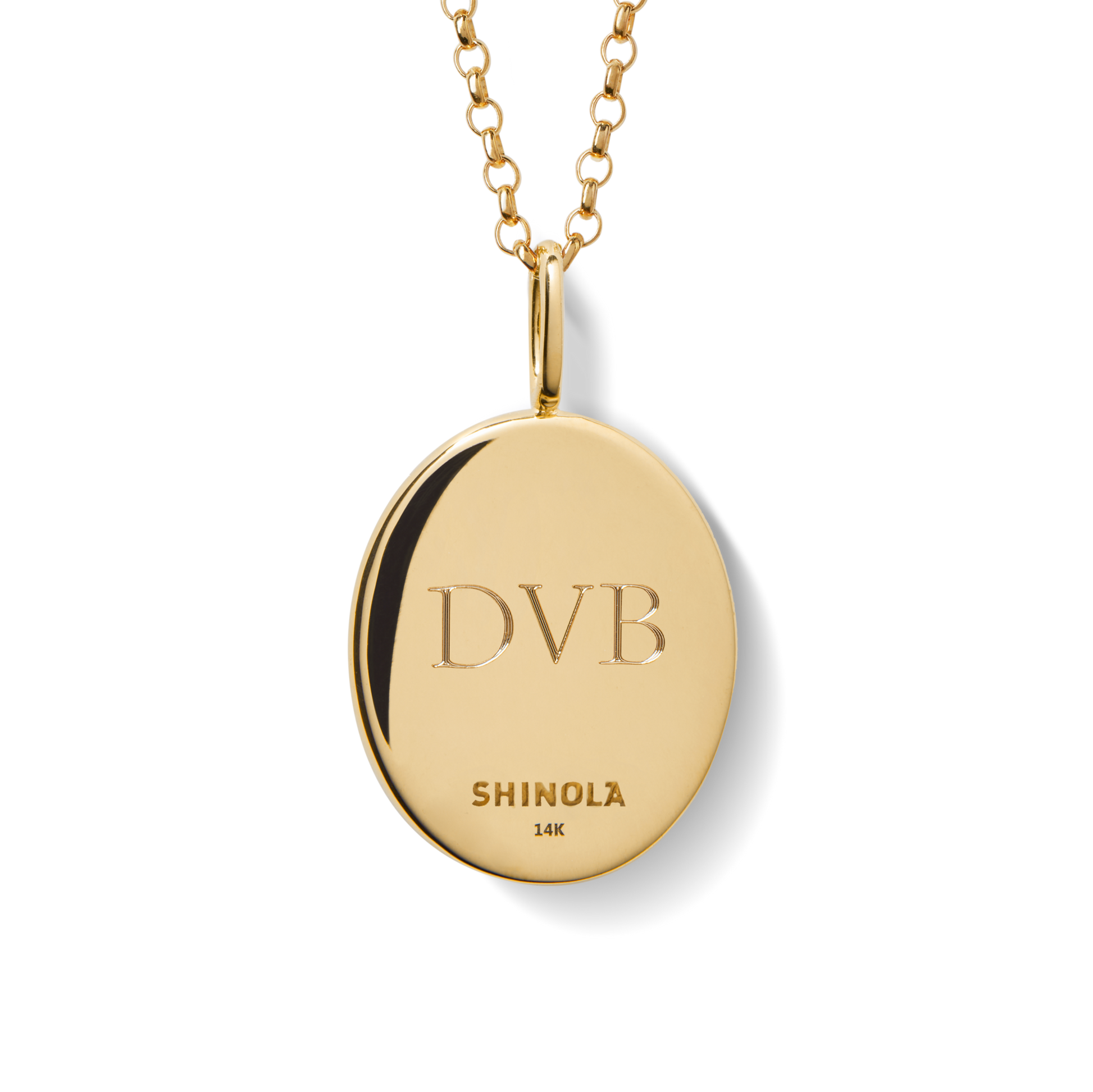 The Shinola Diamond Pave Petoskey Necklace in yellow gold features a sparkling diamond pendant on a delicate chain, exuding elegance and sophistication against a white background.