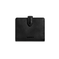 The Shinola Small Snap Wallet in black natural leather features a top snap closure and embossed branding on the front, shown against a plain white background.