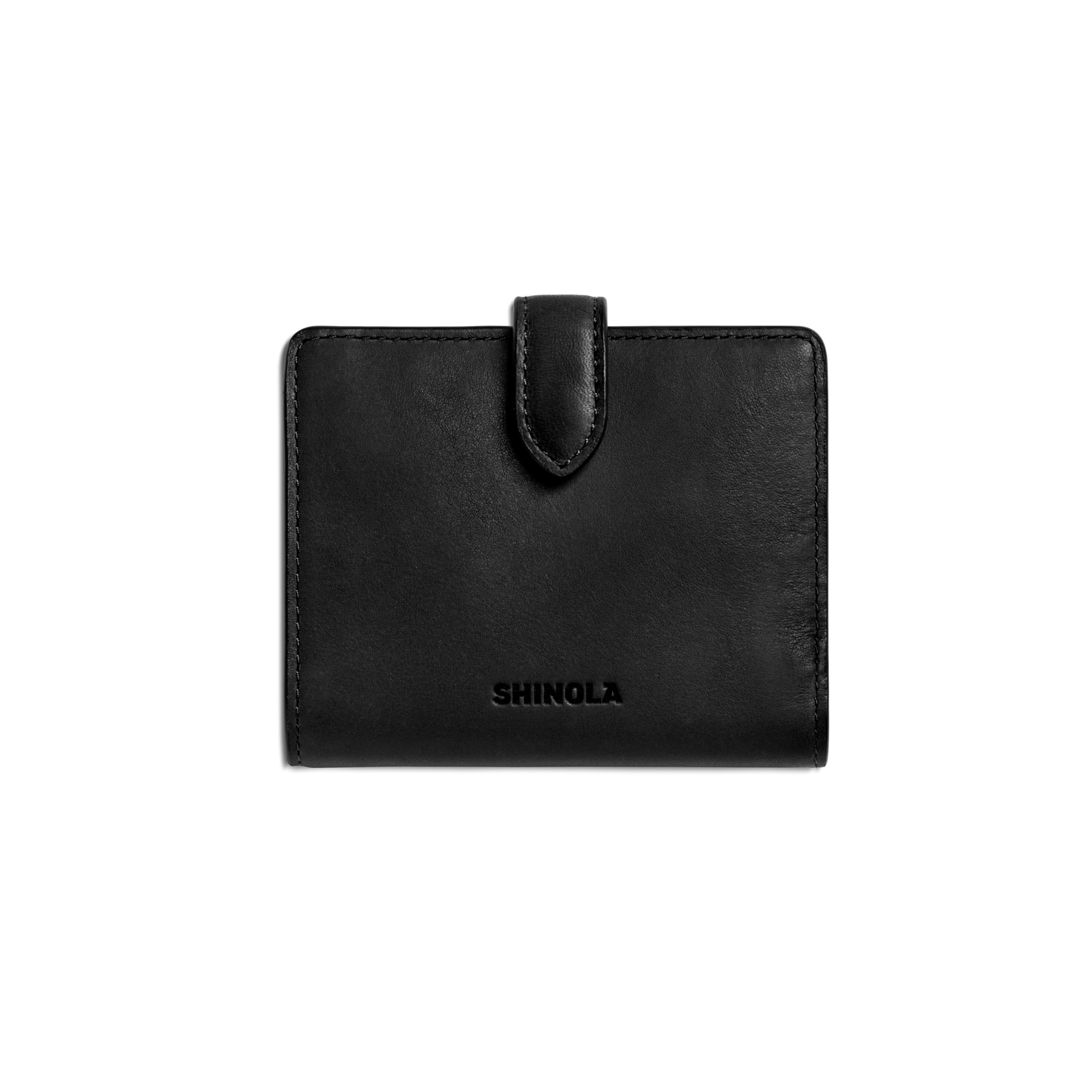 The Shinola Small Snap Wallet in black natural leather features a top snap closure and embossed branding on the front, shown against a plain white background.