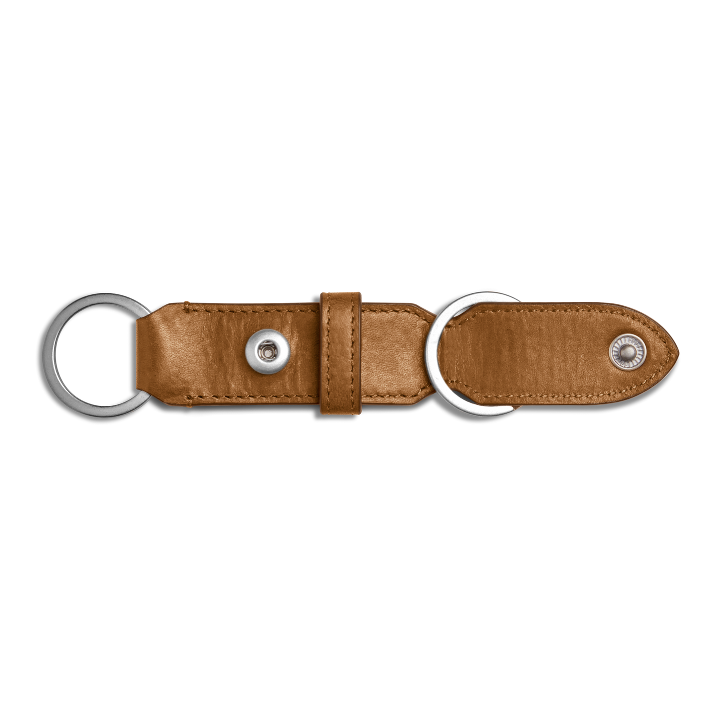 The Shinola Leather Valet Key Fob in brown features silver metal rings on each end and a snap button closure, shown on a white background.