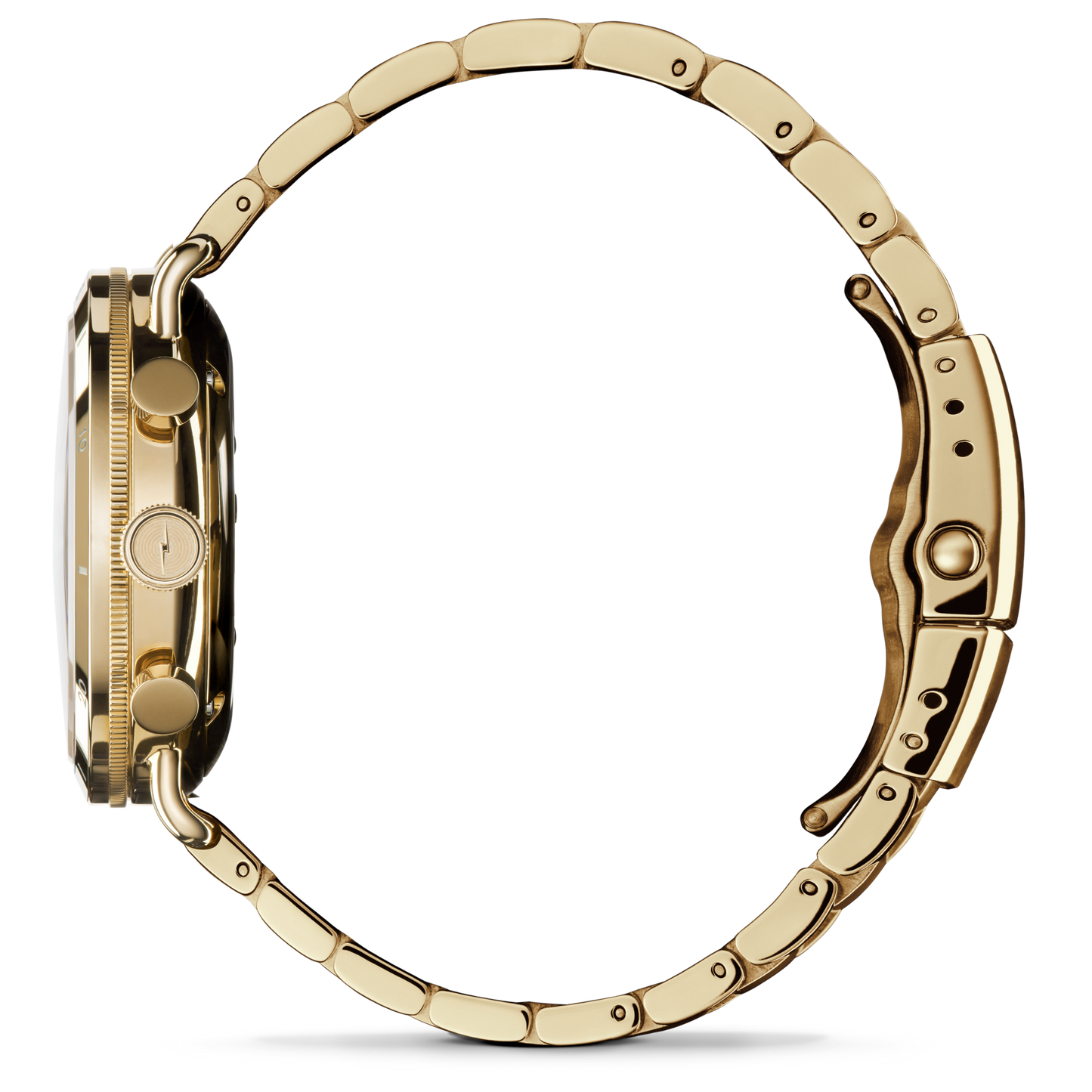Side view of a Shinola Canfield Sport Chronograph Watch - Silver, featuring a stainless steel link band, chronograph buttons, bezel, and clasp, set against a plain white background.