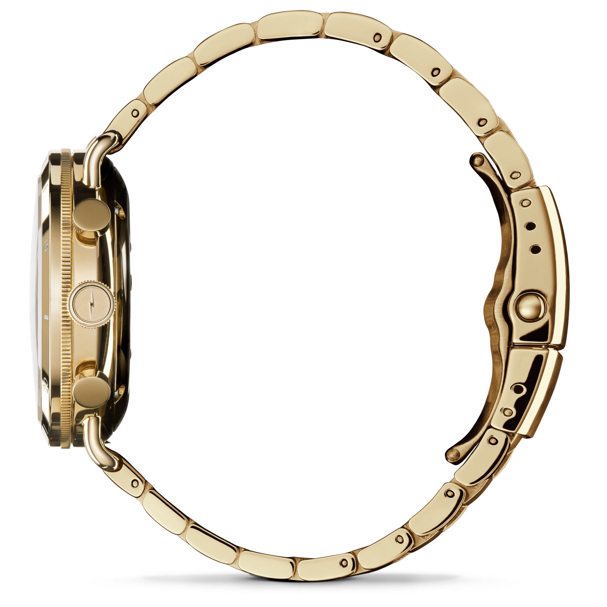 Side view of a Shinola Canfield Sport Chronograph Watch - Silver, featuring a stainless steel link band, chronograph buttons, bezel, and clasp, set against a plain white background.
