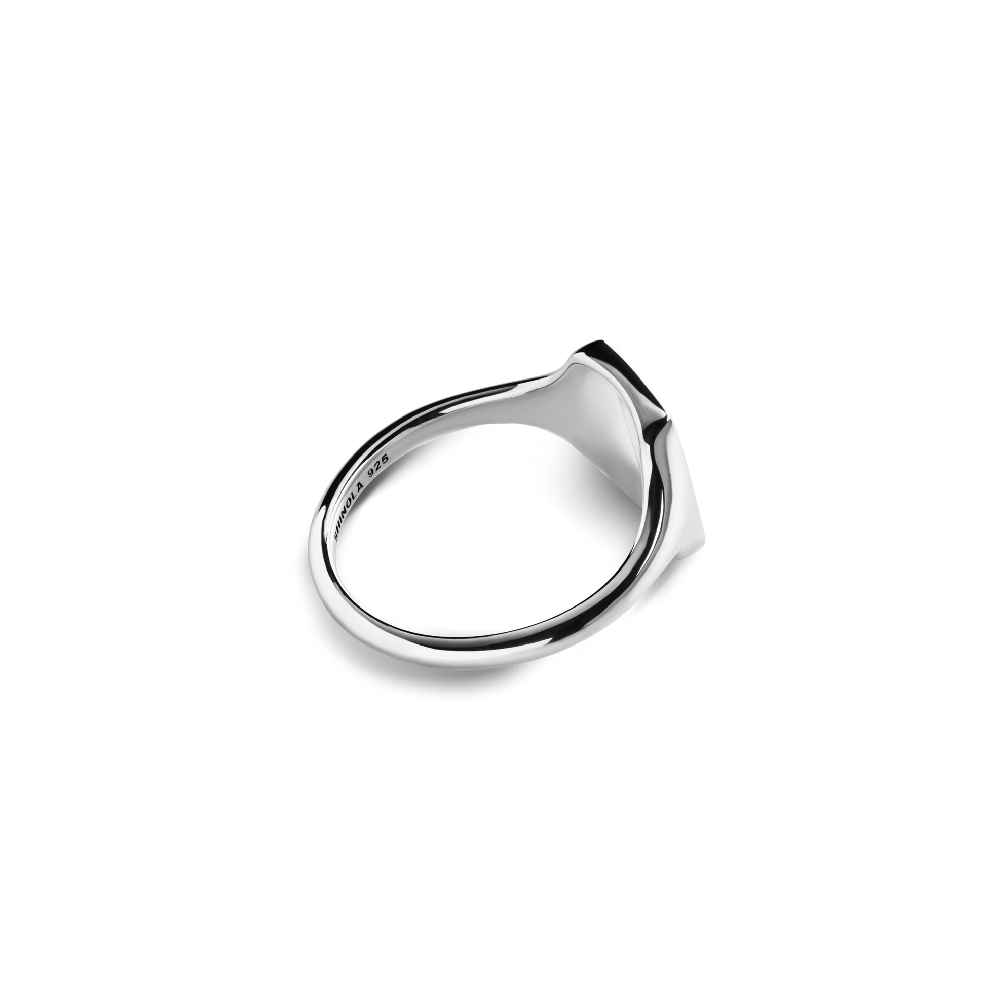 The Shinola Petite Rectangular Signet Ring, crafted in sterling silver with a smooth, polished band and flat top, is photographed against a plain white background.