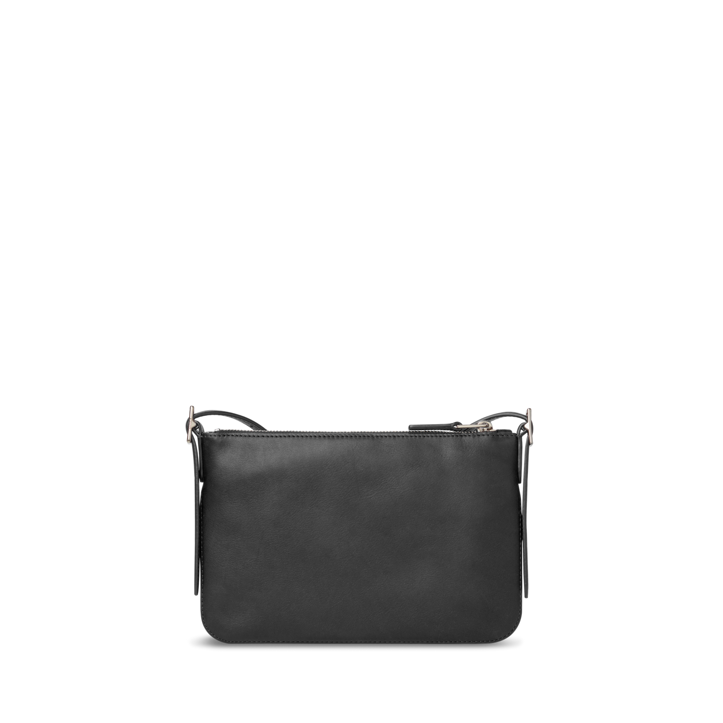 The Shinola Small Bixby Crossbody - Black features natural leather, a rectangular silhouette, zippered top, and an adjustable thin strap—making it a perfect everyday accessory shown on a plain white background.