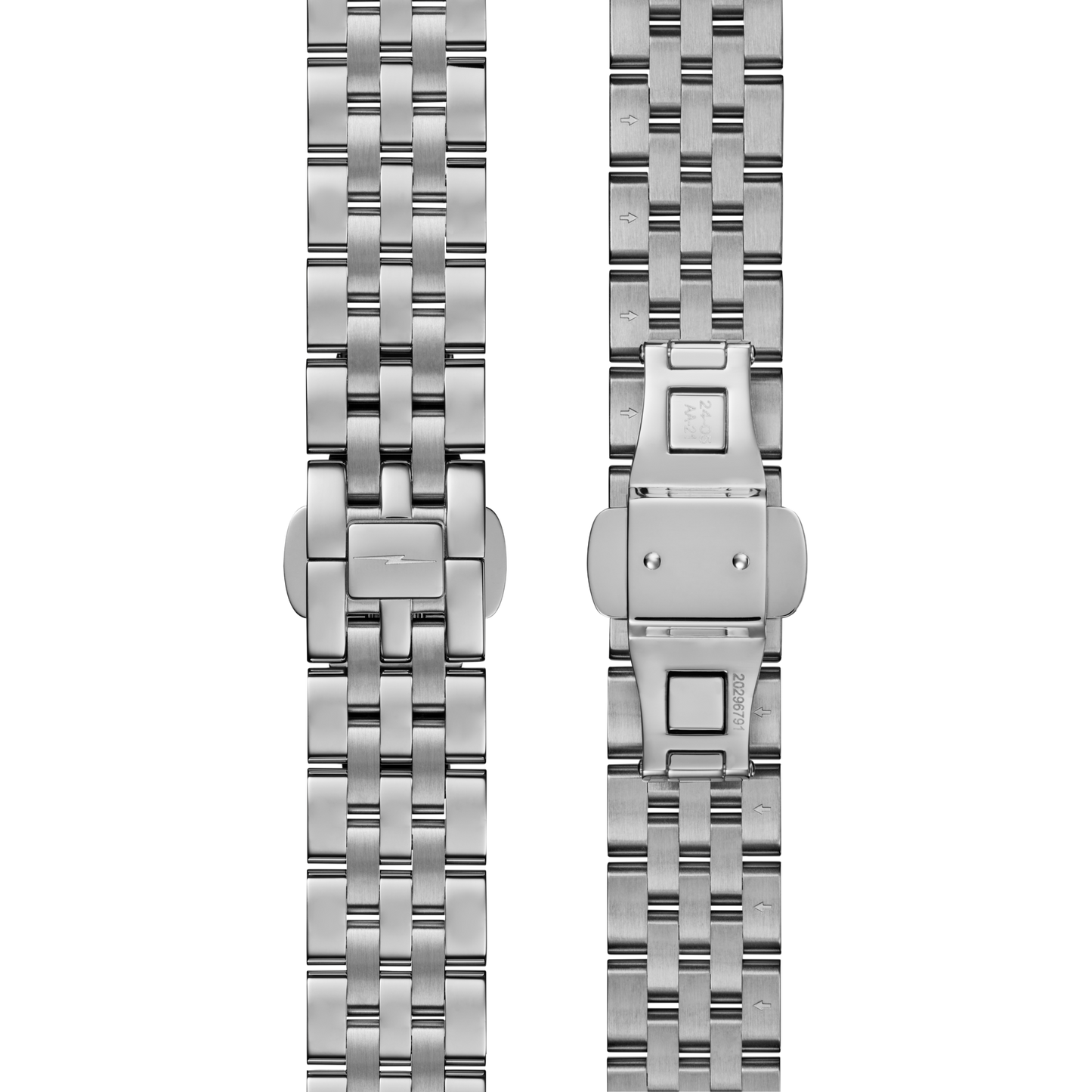 Two views of the Shinola Circadian Monster Automatic Watch - Daylight Blue bracelet: the left shows the stainless steel outer with clasp; the right reveals its inner deployment mechanism and engraved automatic details.